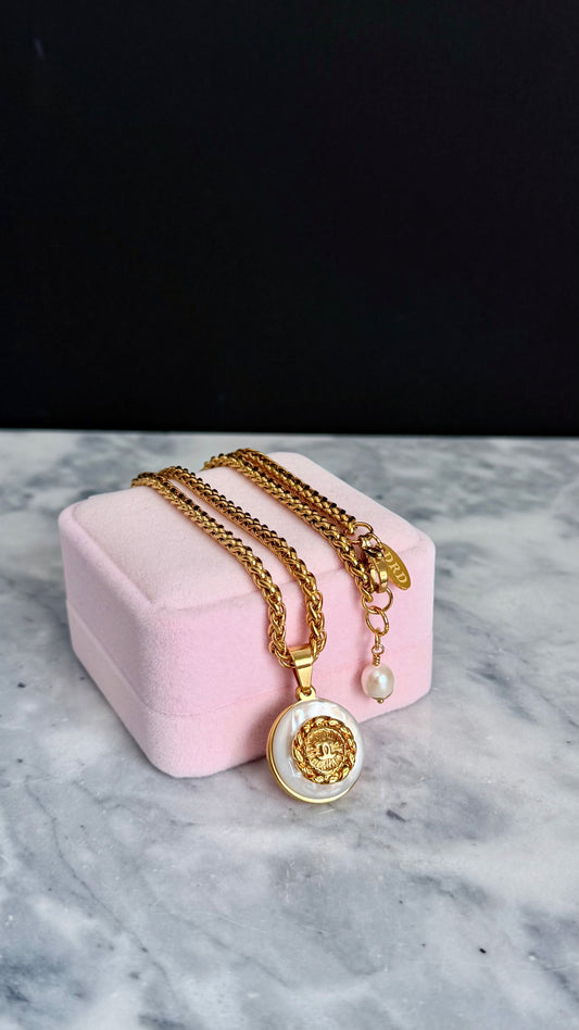 SUPER RARE MOTHER OF PEARL and Vintage Authentic reworked gold button Necklace