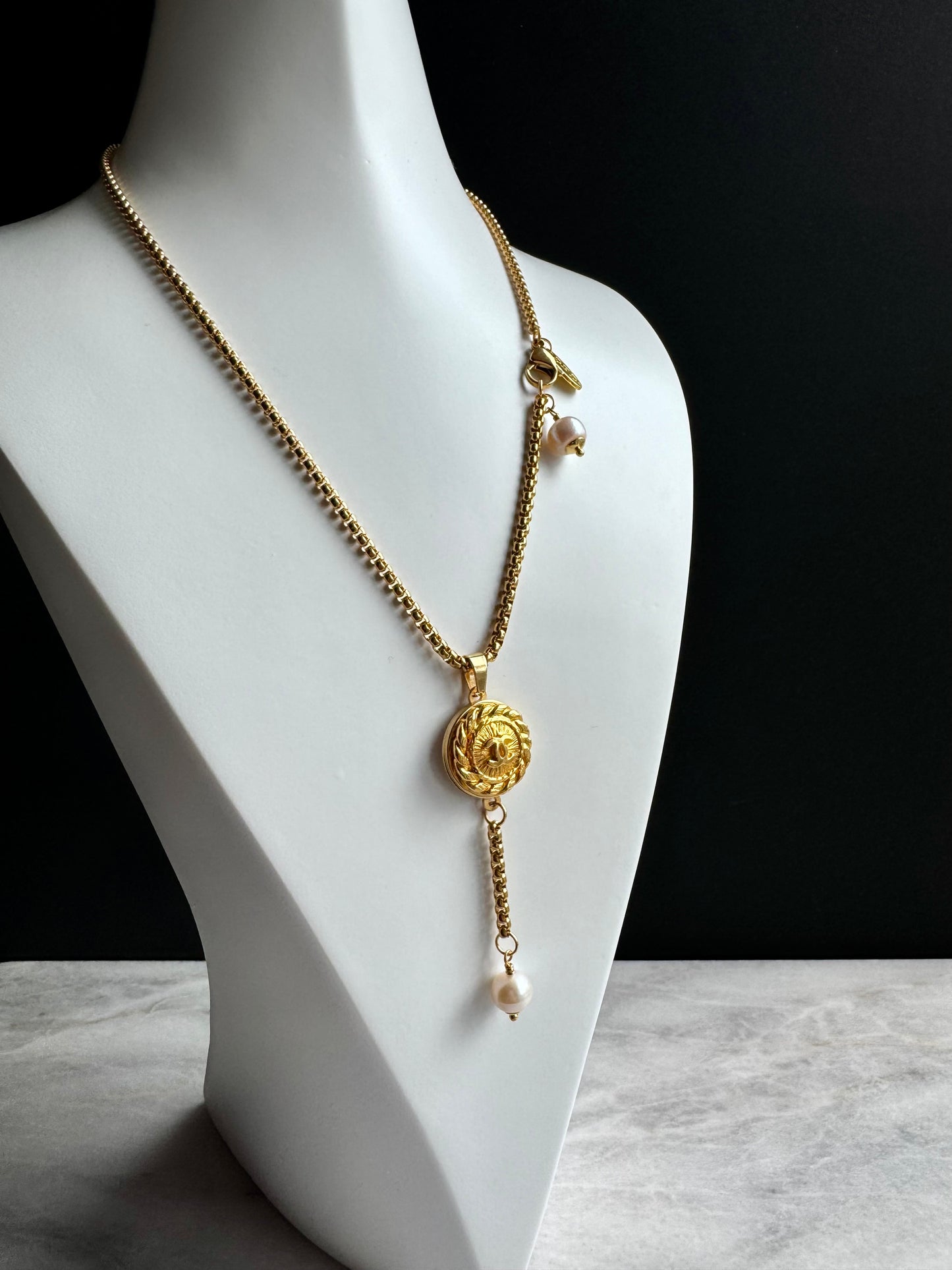 Vintage Authentic reworked Gold button Necklace Y lariat