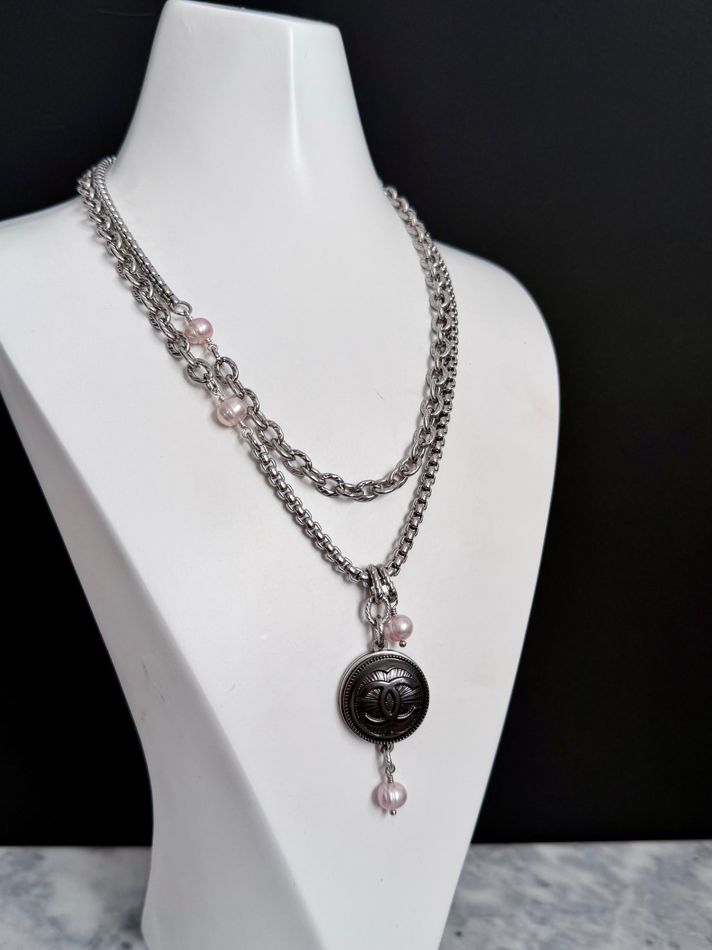 🖤 ONE OF A KIND - Authentic Reworked silver Button Double wrap Necklace