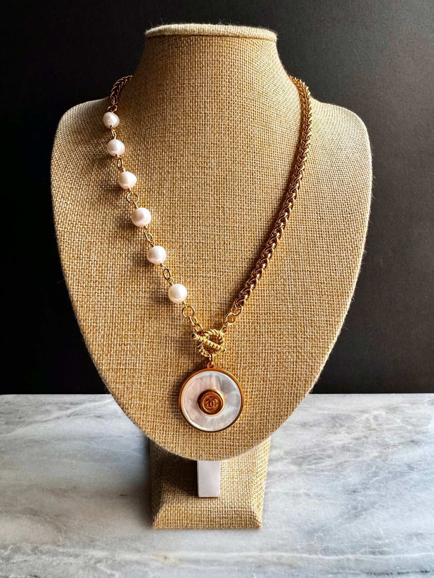 SUPER RARE Large MOTHER OF PEARL and Vintage Authentic reworked Gold button Necklace