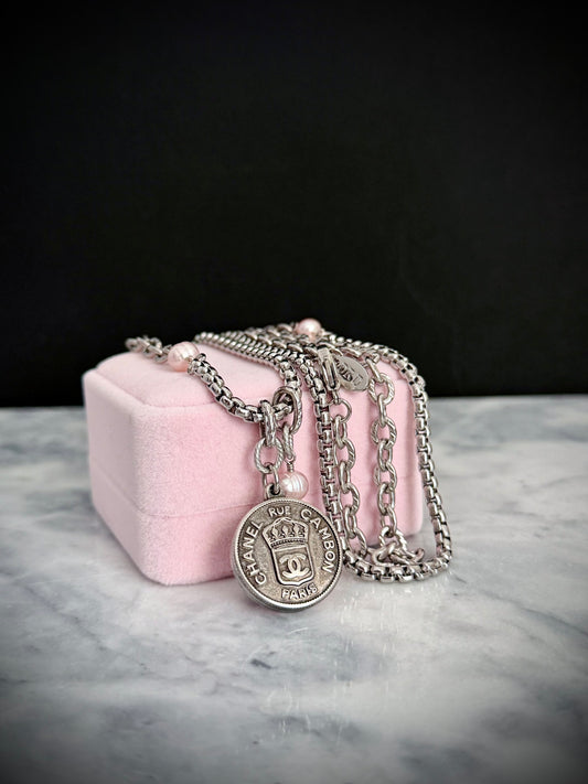 🖤 ONE OF A KIND - Authentic Reworked silver Button Double wrap Necklace