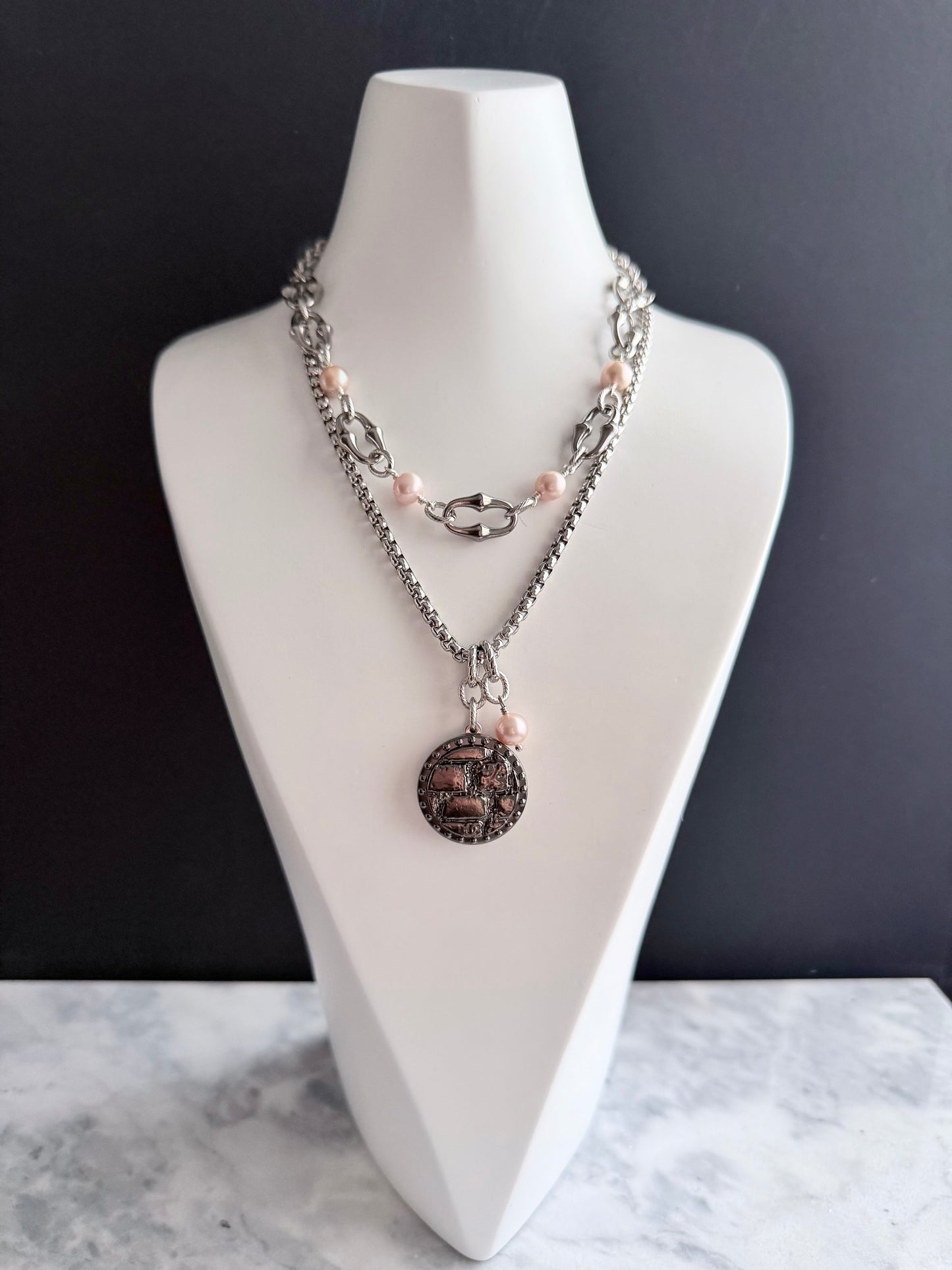 🖤 LARGE ONE OF A KIND - Authentic Reworked silver Button Double wrap Necklace