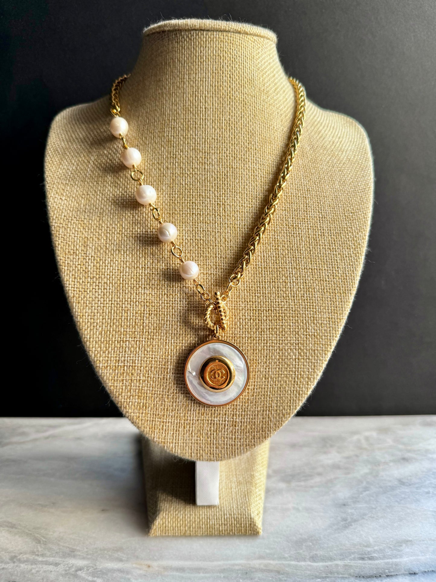 SUPER RARE Large MOTHER OF PEARL and Vintage Authentic reworked Gold button Necklace