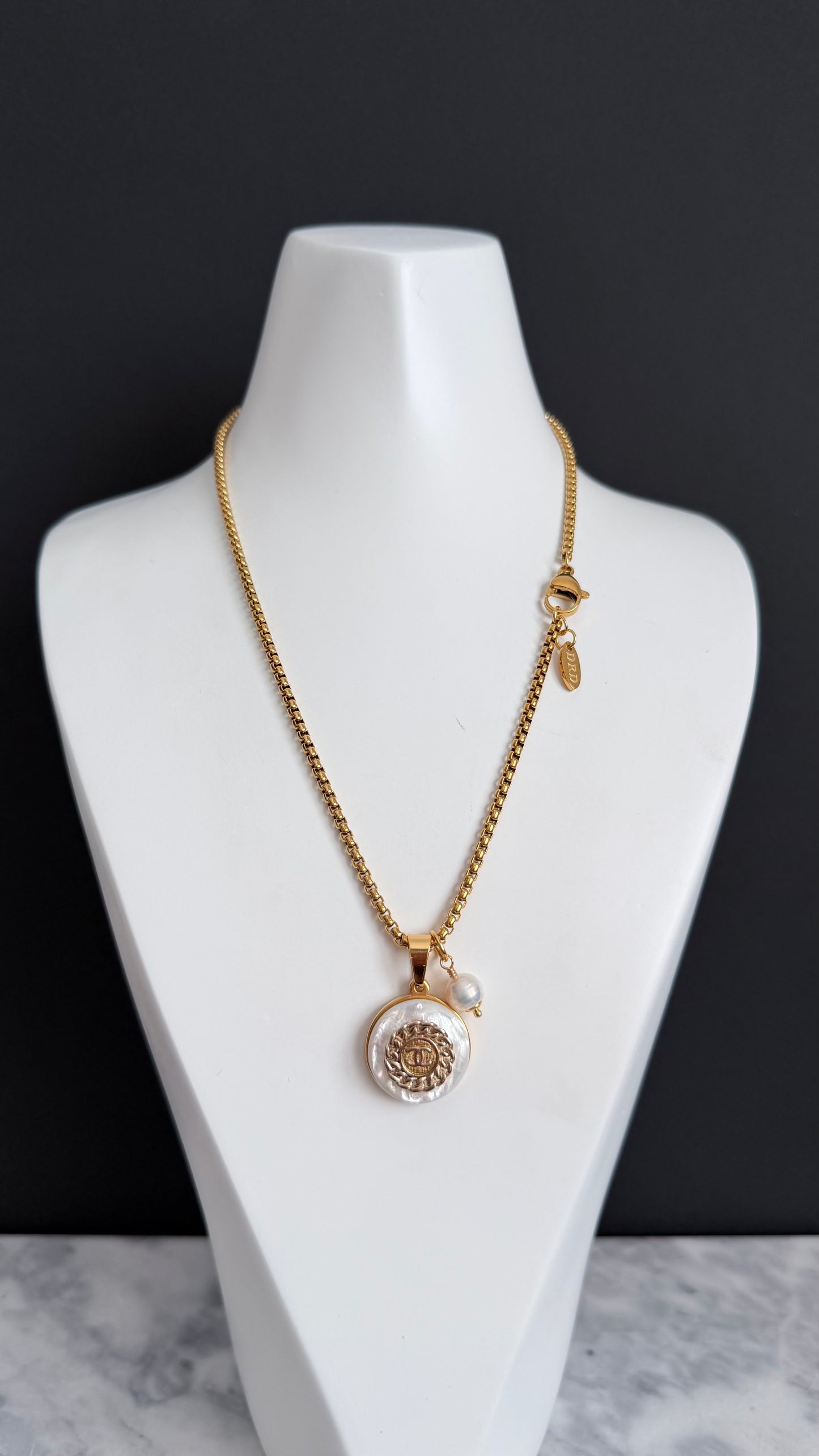 SUPER RARE MOTHER OF PEARL and Vintage Authentic reworked Gold button Necklace