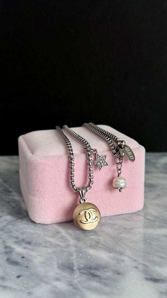 💖 Small Mixed metal Authentic silver chain button necklace