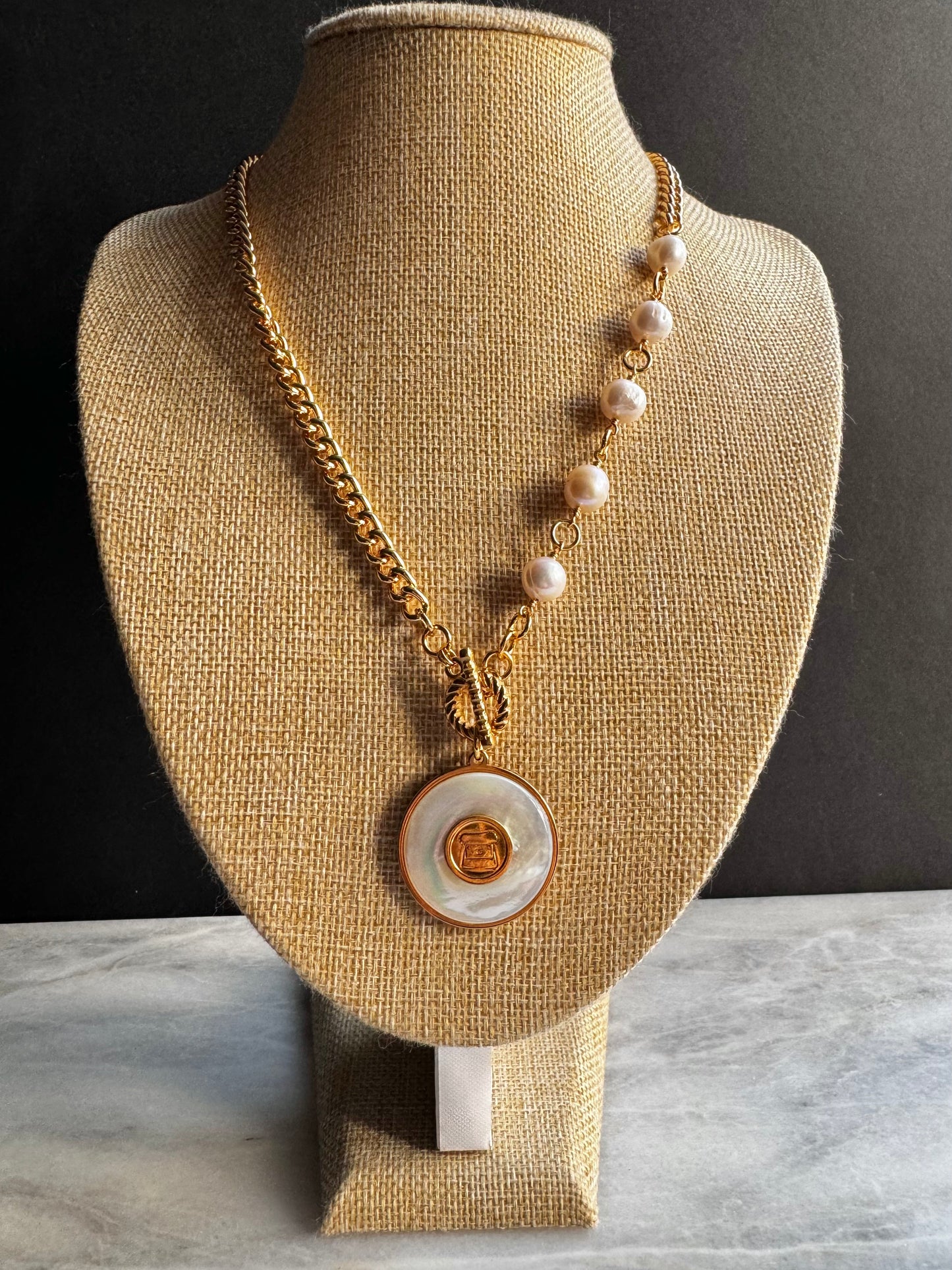 SUPER RARE Large MOTHER OF PEARL and Vintage Authentic reworked Gold button Necklace