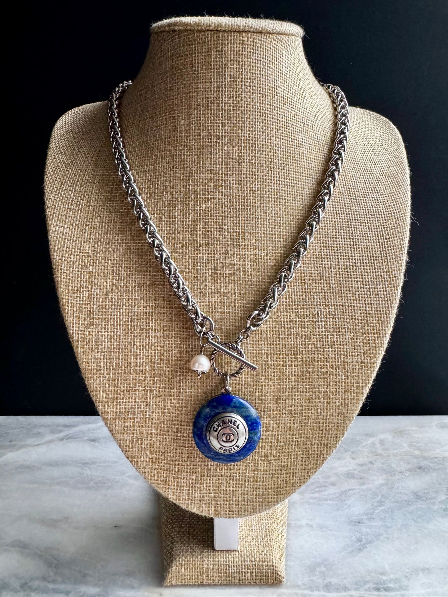 Blue stone One of a kind Authentic Reworked button necklace