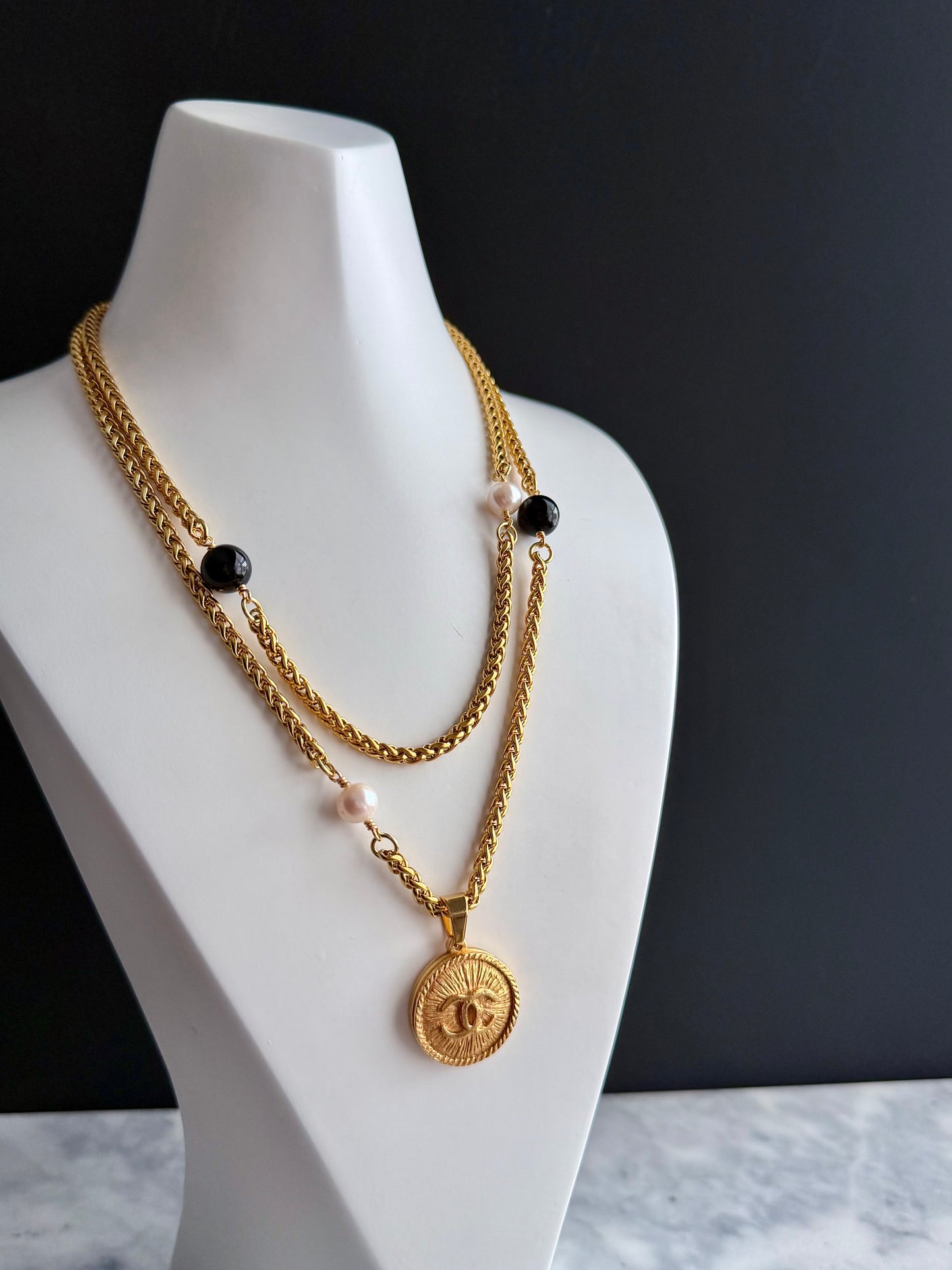 ✨ Long double wrap One of a kind black and white pearls and Authentic Reworked button necklace