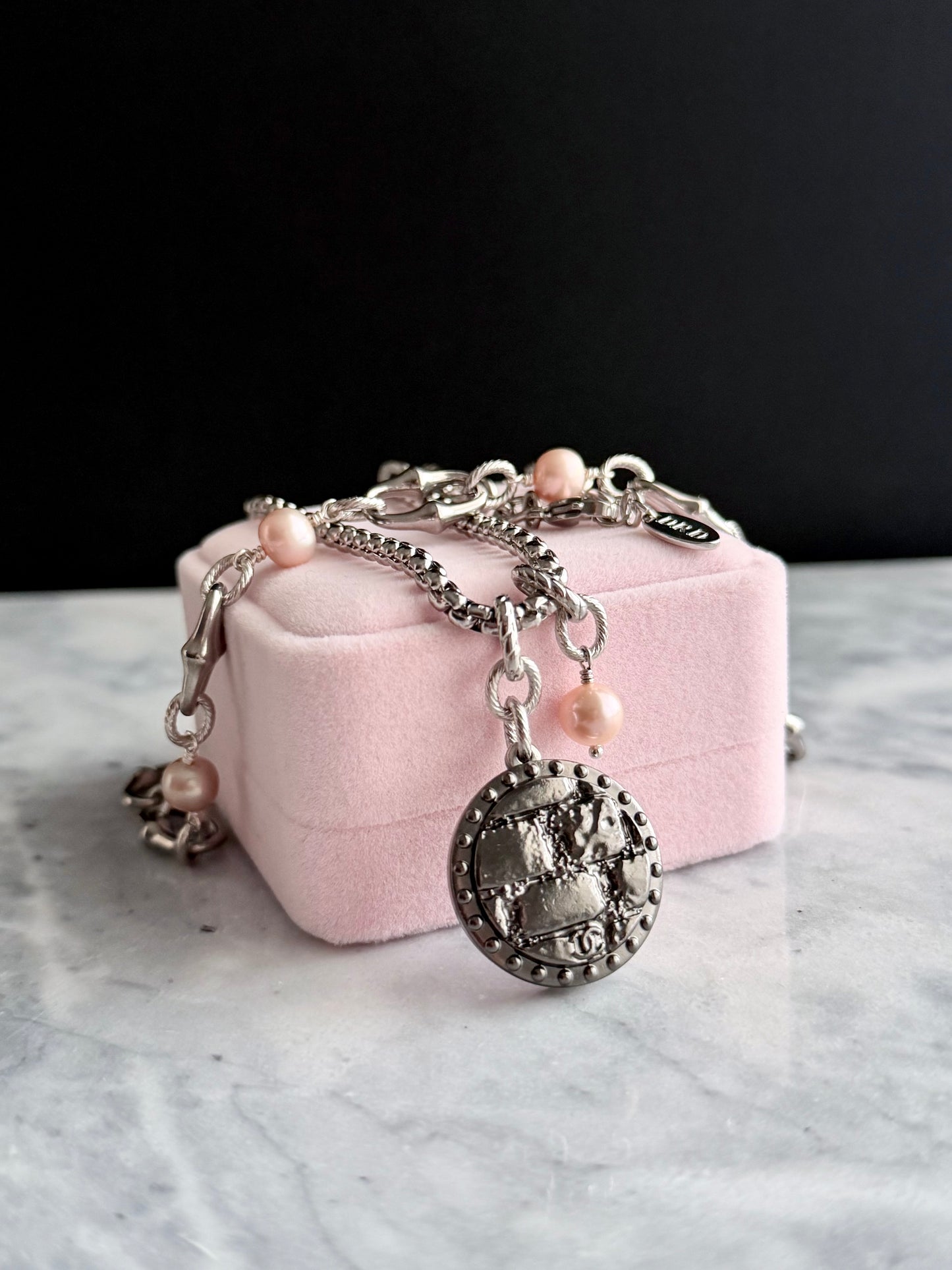 🖤 LARGE ONE OF A KIND - Authentic Reworked silver Button Double wrap Necklace