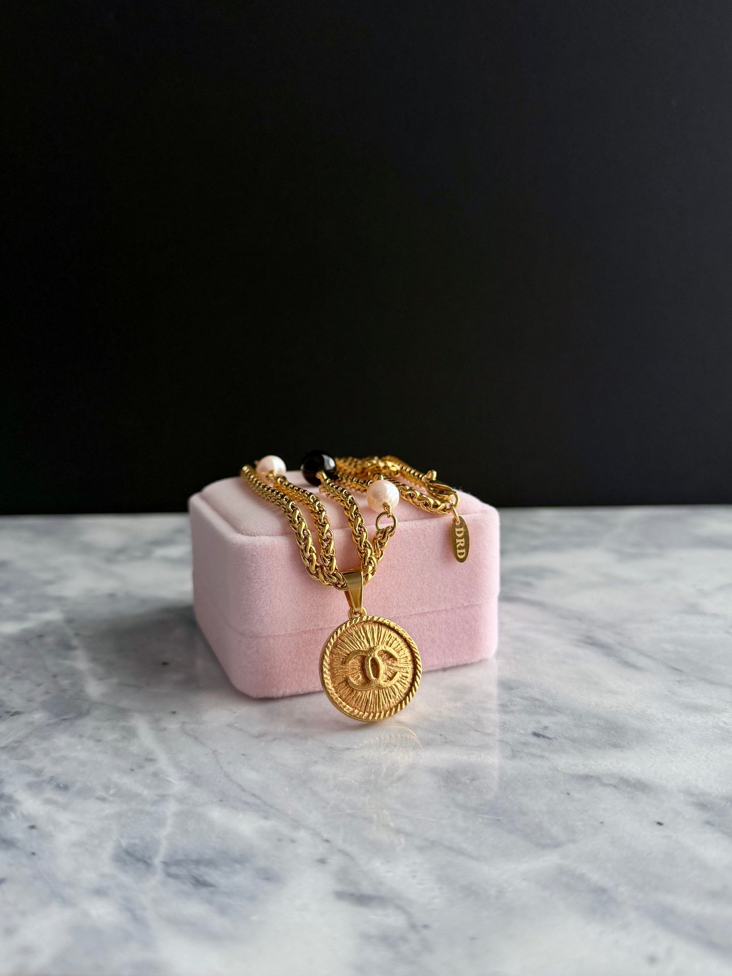 ✨ Long double wrap One of a kind black and white pearls and Authentic Reworked button necklace