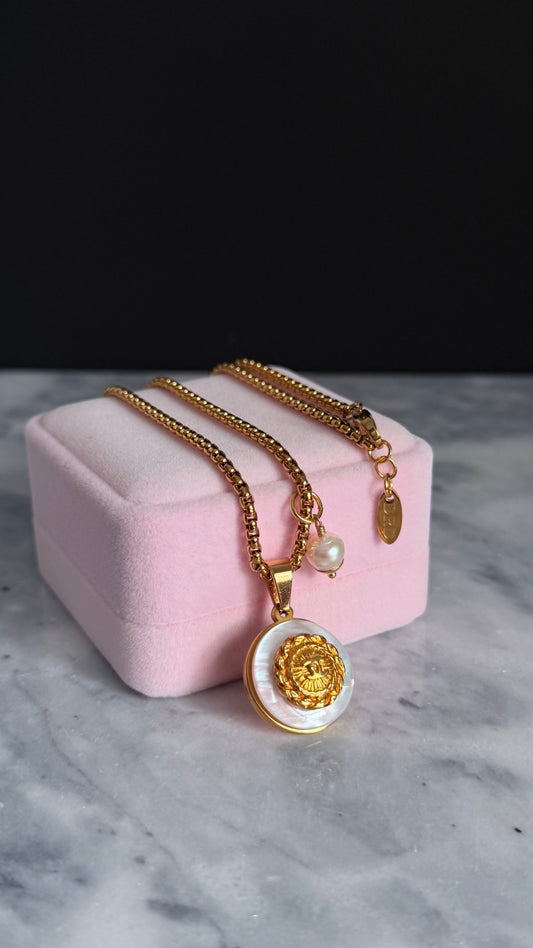 SUPER RARE MOTHER OF PEARL and Vintage Authentic reworked Gold button Necklace