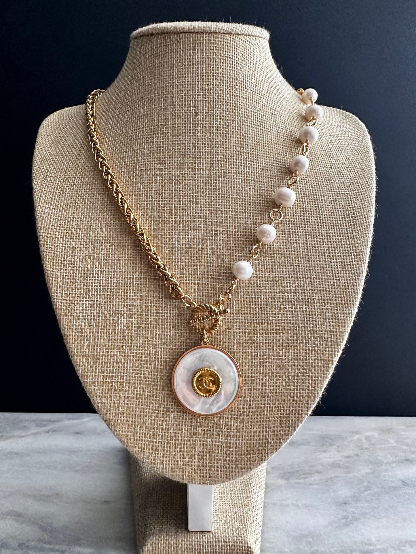 SUPER RARE Large MOTHER OF PEARL and Vintage Authentic reworked Gold button Necklace