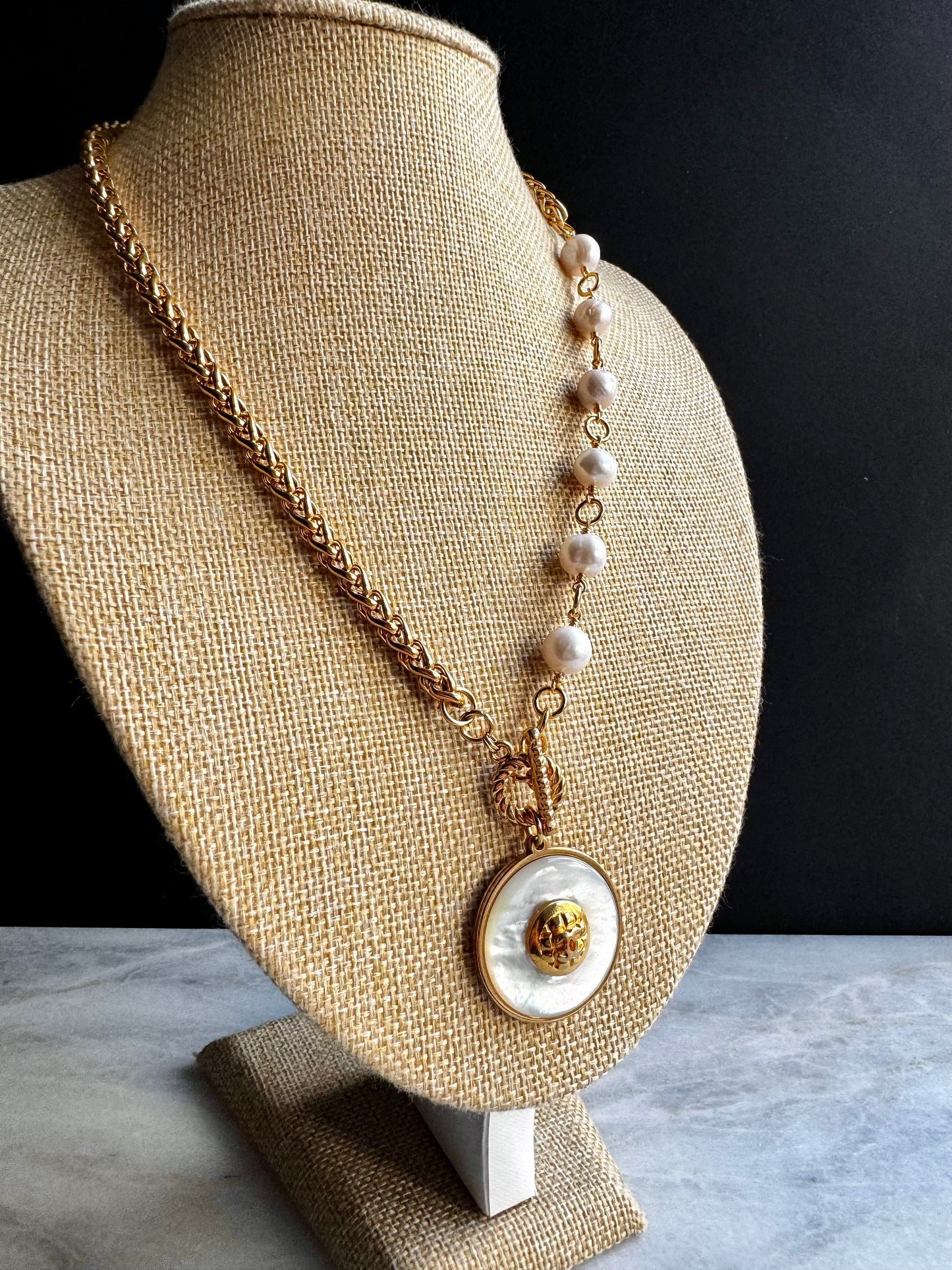 SUPER RARE Large MOTHER OF PEARL and Vintage Authentic reworked Gold button Necklace