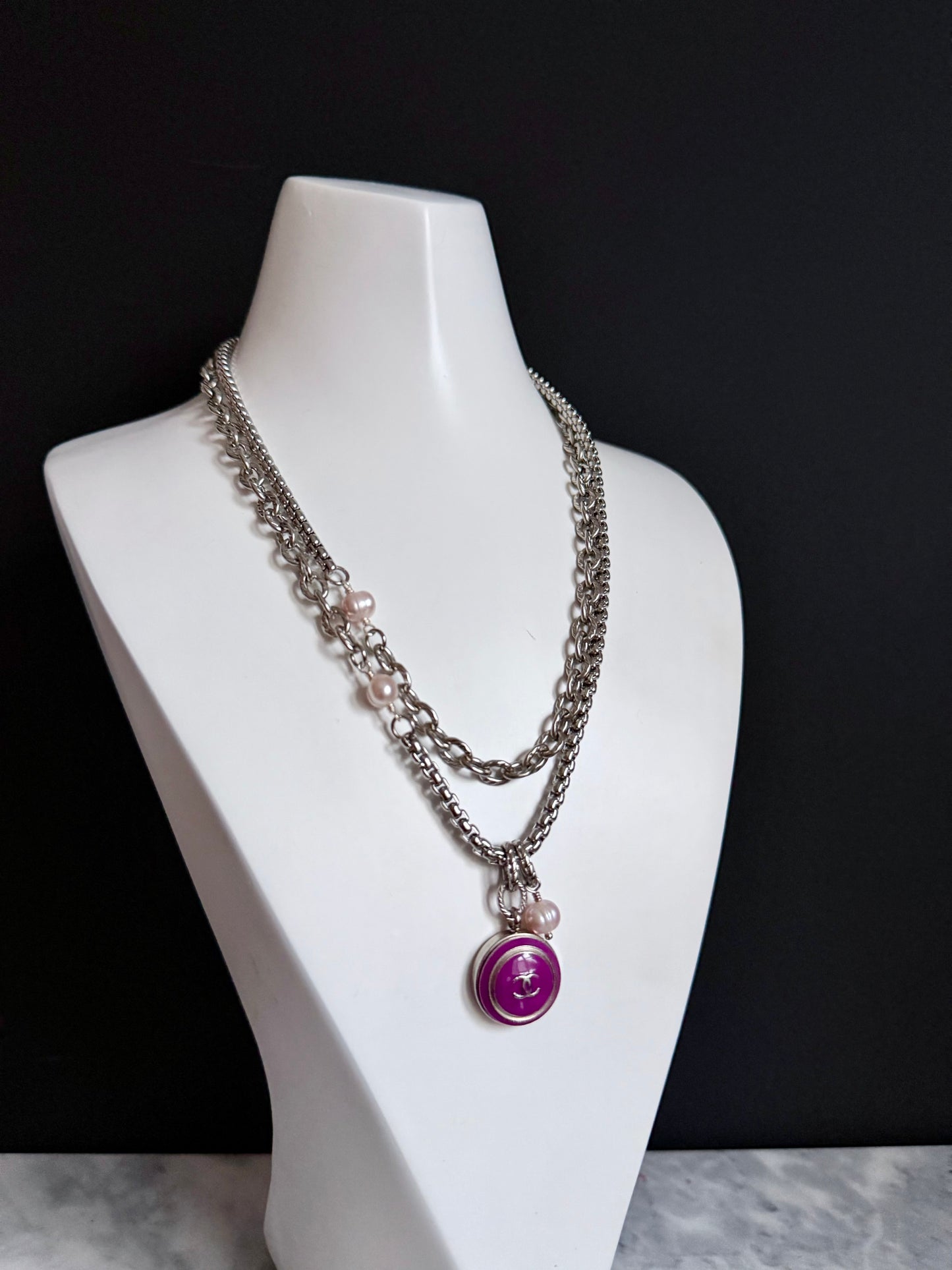 💜 ONE OF A KIND - Authentic Reworked silver Button Double wrap Necklace