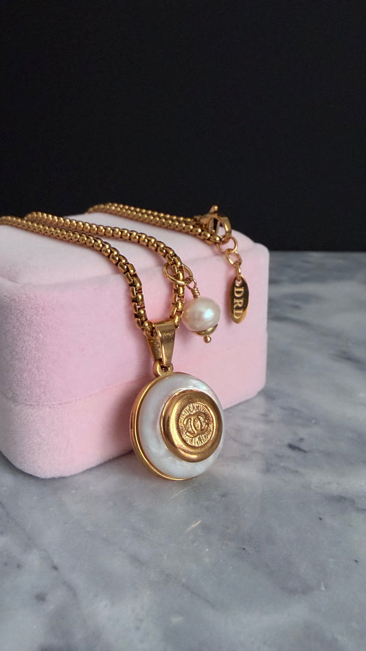 SUPER RARE MOTHER OF PEARL and Vintage Authentic reworked Gold button Necklace