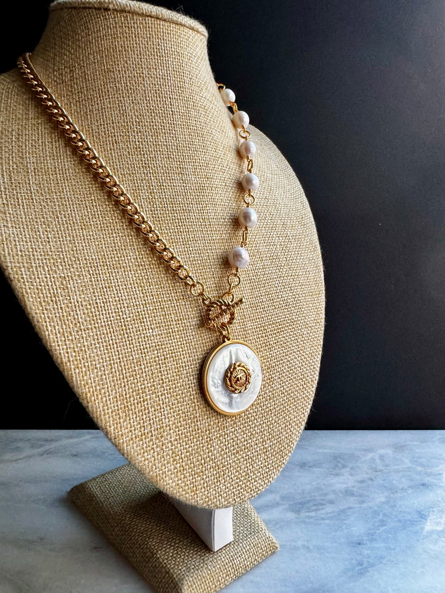 SUPER RARE Large MOTHER OF PEARL and Vintage Authentic reworked Gold button Necklace