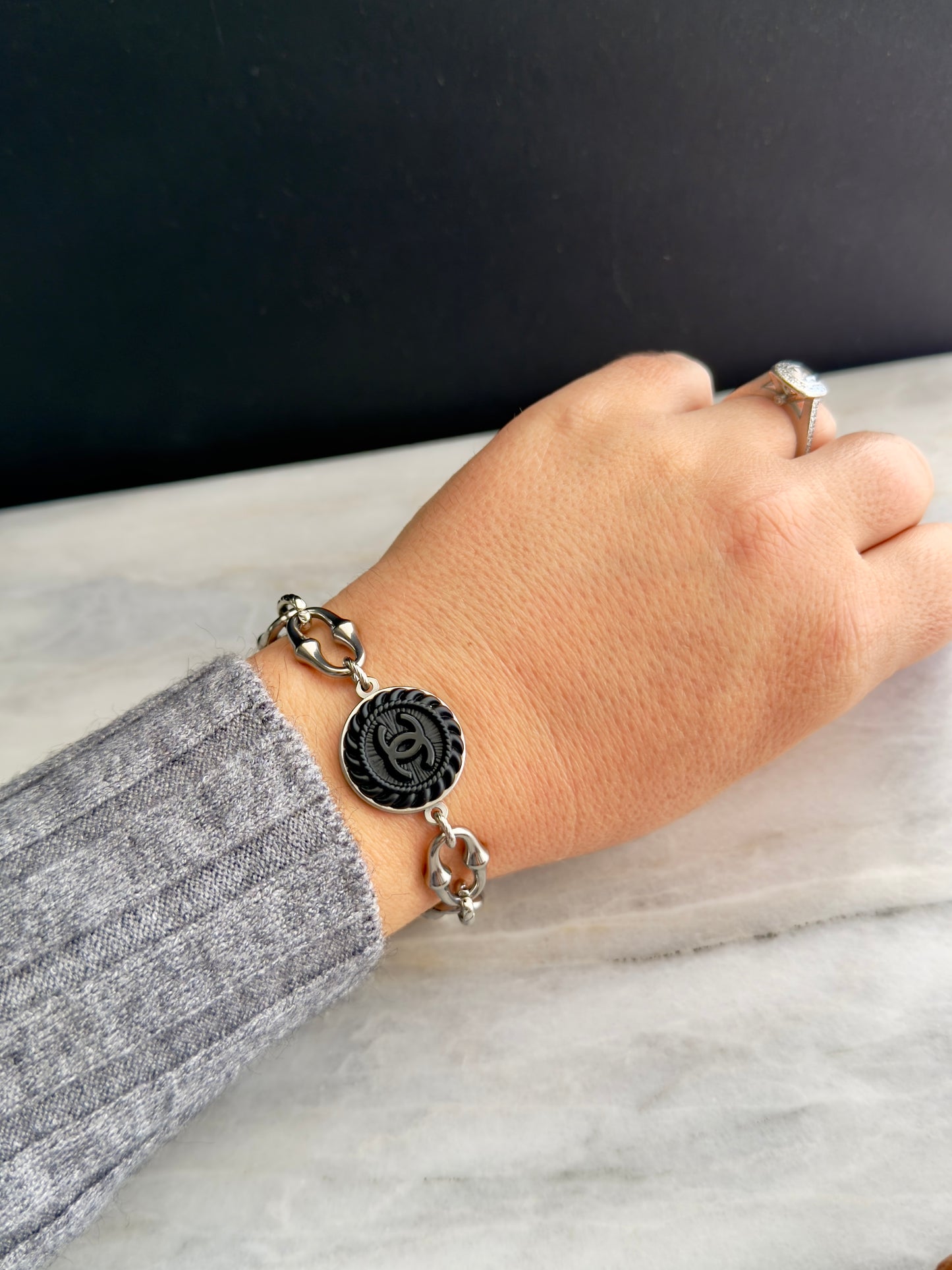 ✨ONE OF A KIND silver and black reworked button bracelet • large unique non tarnish chain