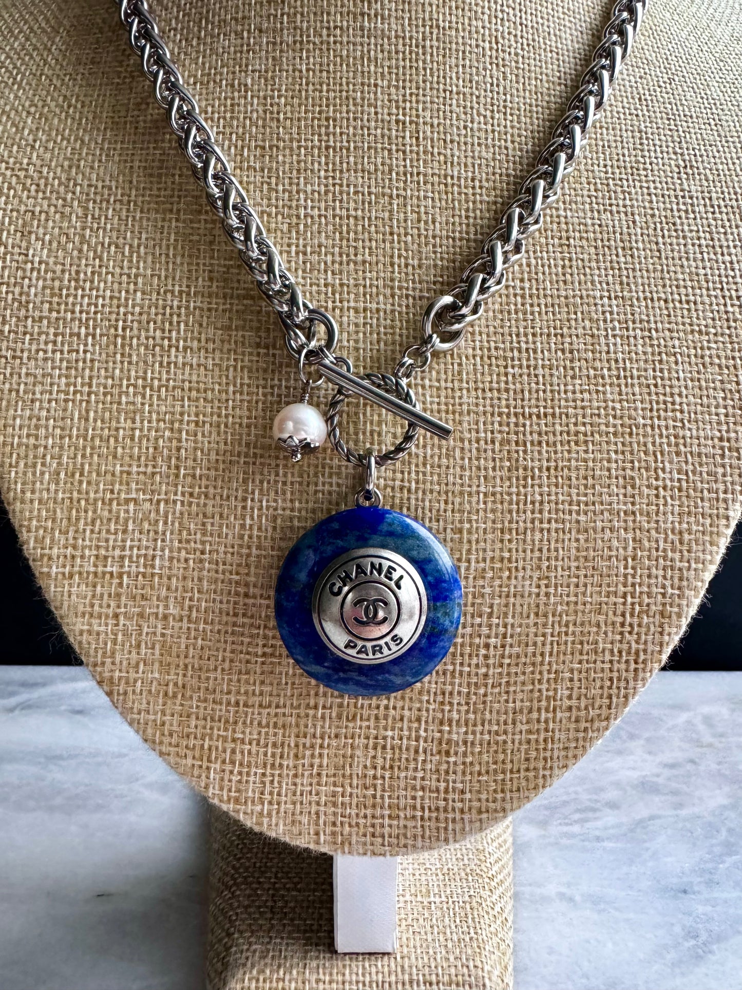 Blue stone One of a kind Authentic Reworked button necklace