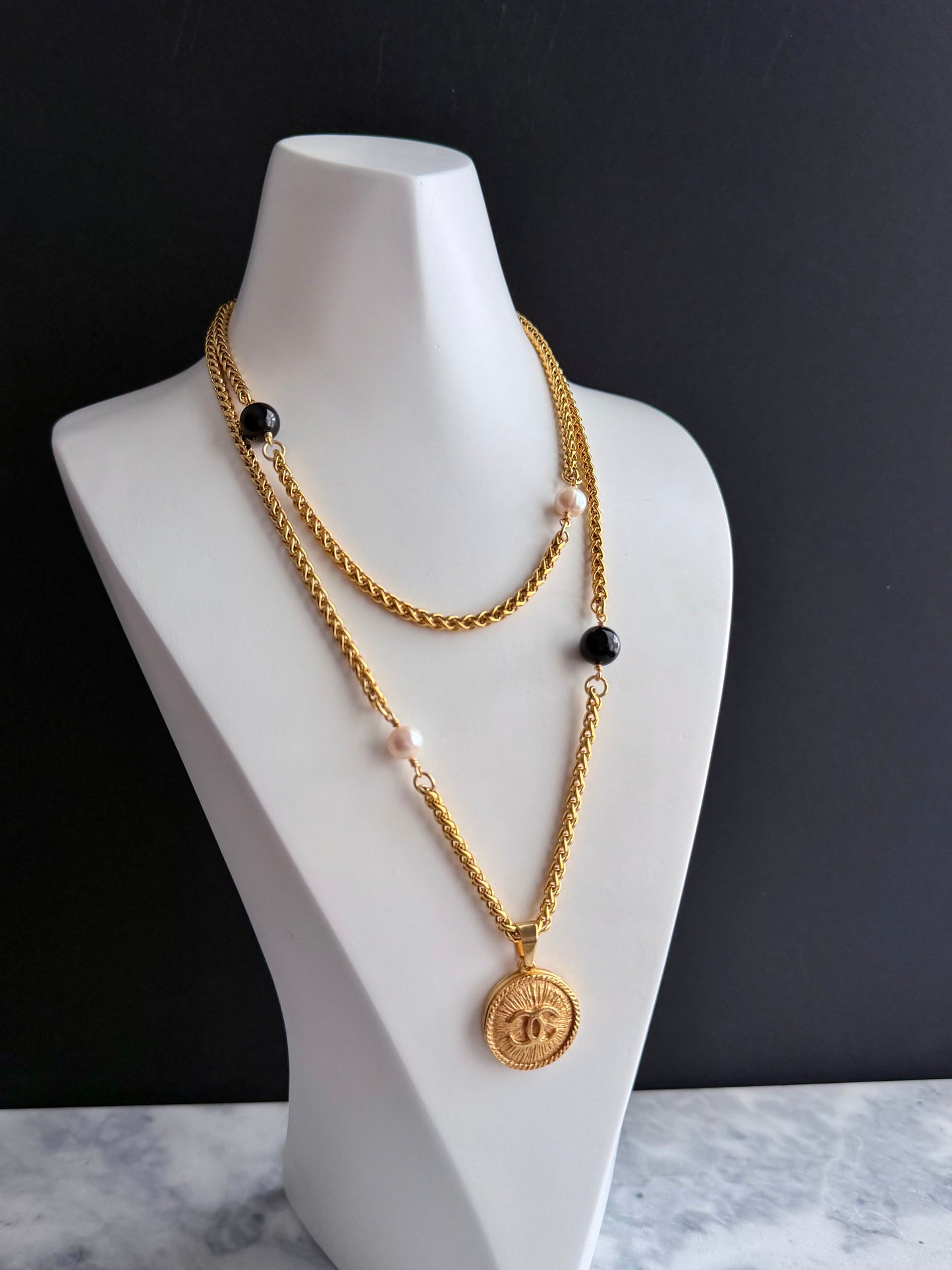 ✨ Long double wrap One of a kind black and white pearls and Authentic Reworked button necklace