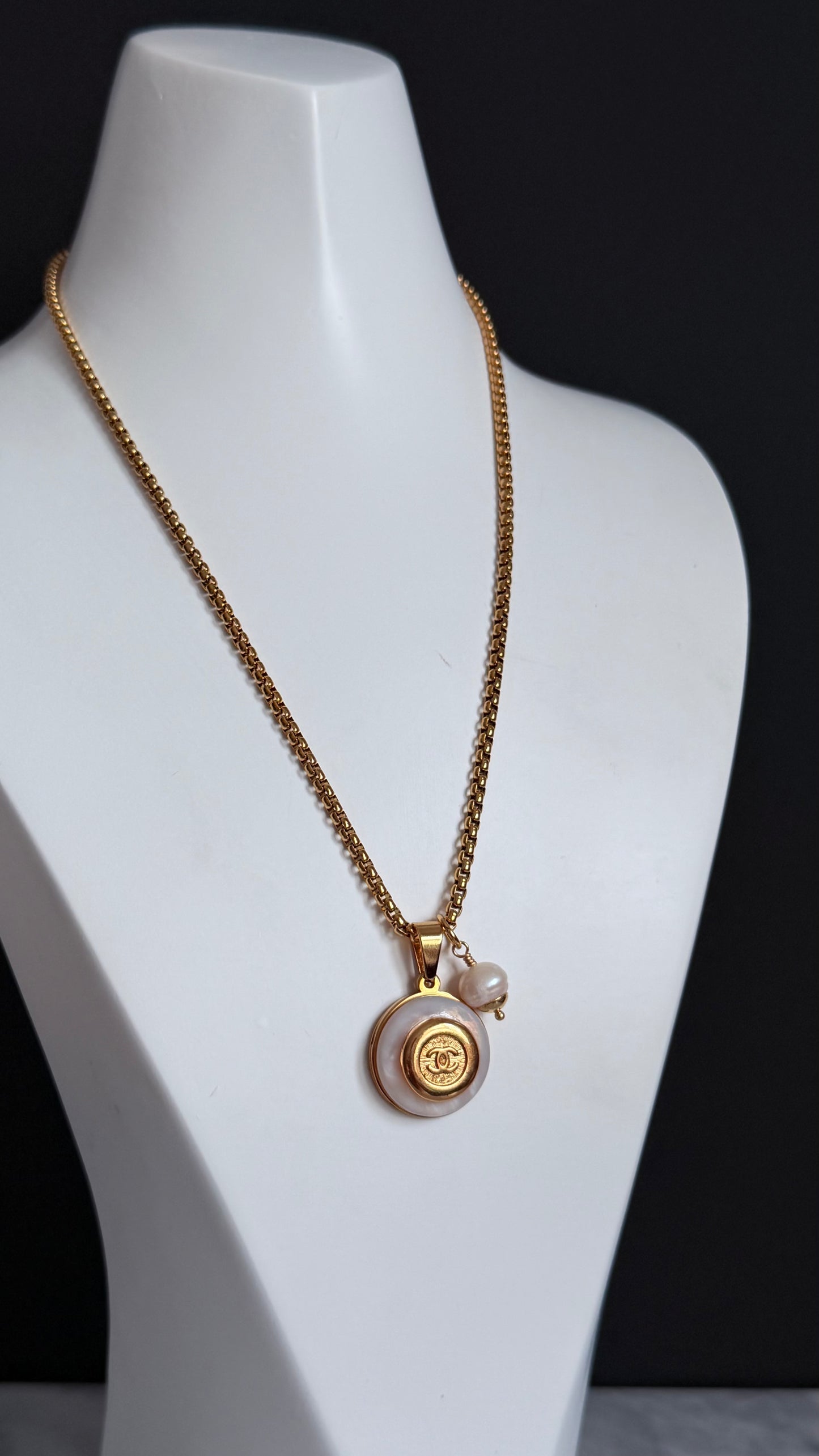 SUPER RARE MOTHER OF PEARL and Vintage Authentic reworked Gold button Necklace