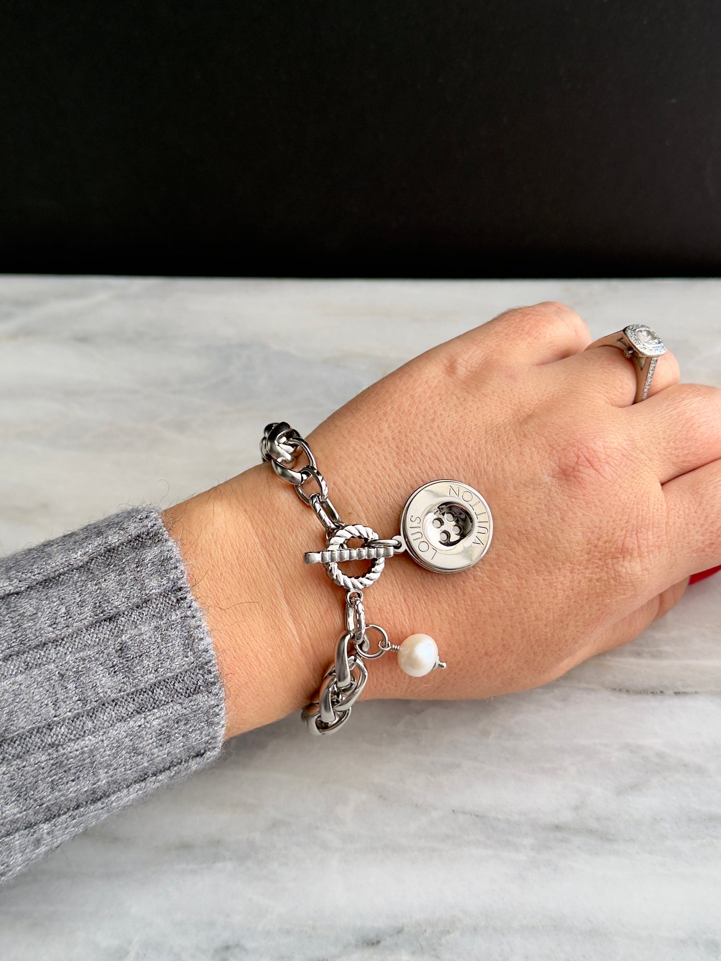 ✨ONE OF A KIND silver LV reworked button bracelet • super chunky chain