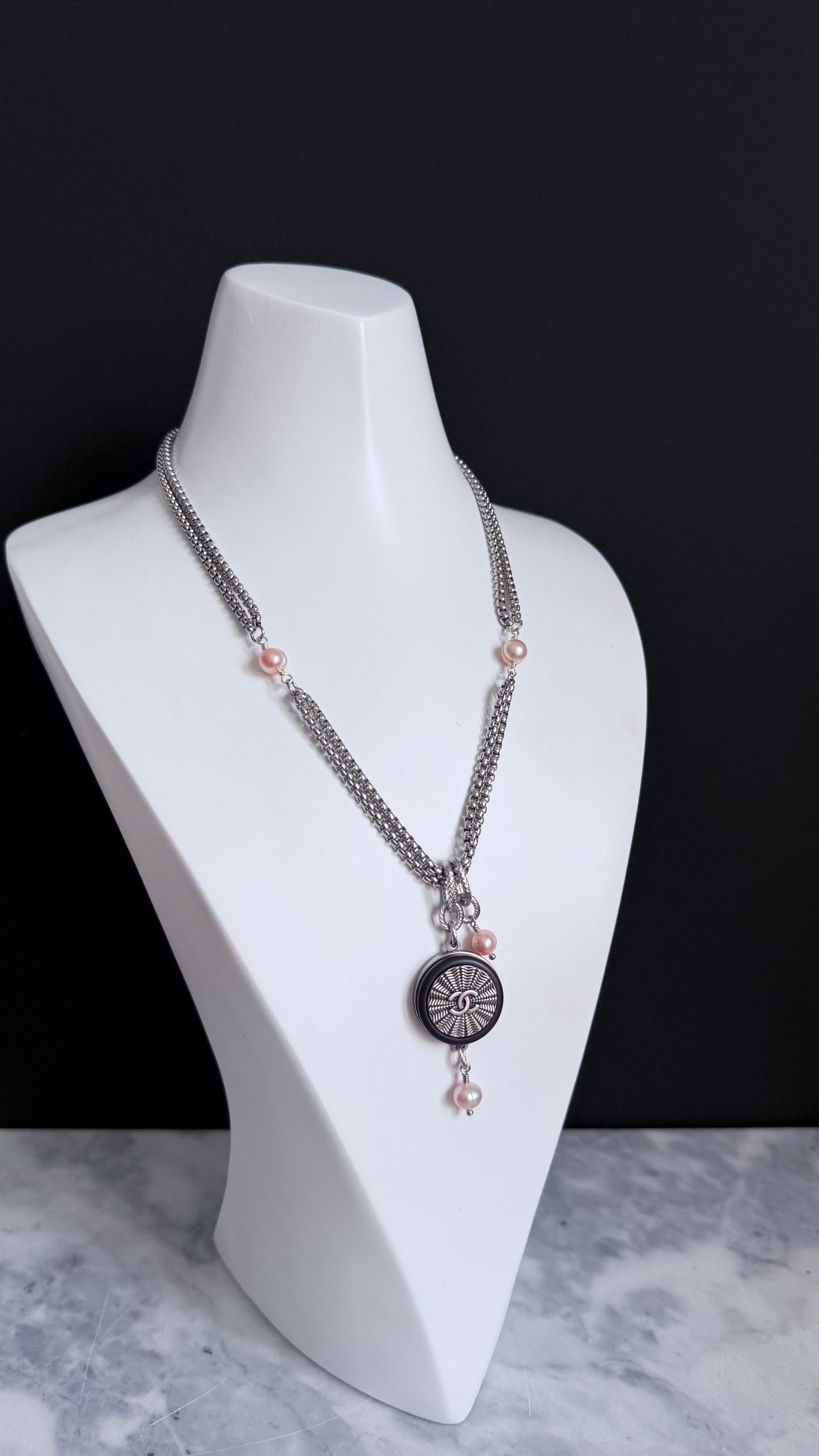 ✨ DOUBLE CHAIN - Authentic Reworked silver Button Necklace