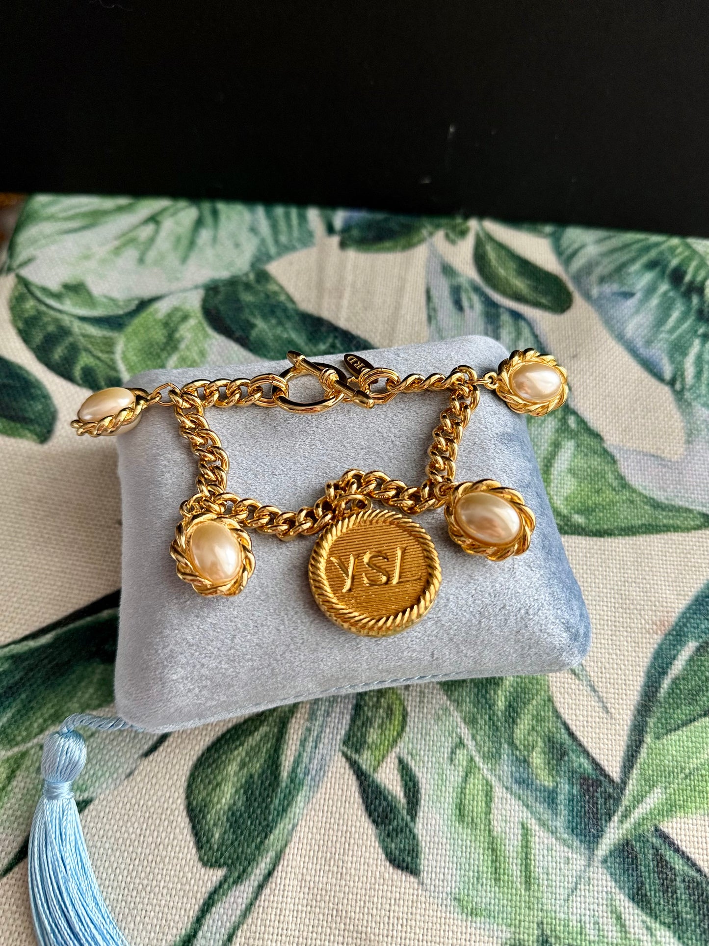 Gold chunky Authentic Reworked VINTAGE YSL button bracelet pearls 🖤