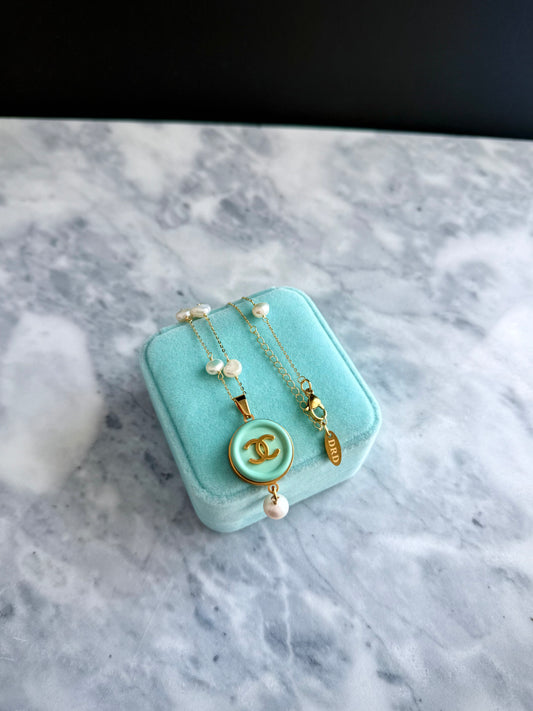 🩵 One of a kind delicate Authentic Reworked Teal button necklace