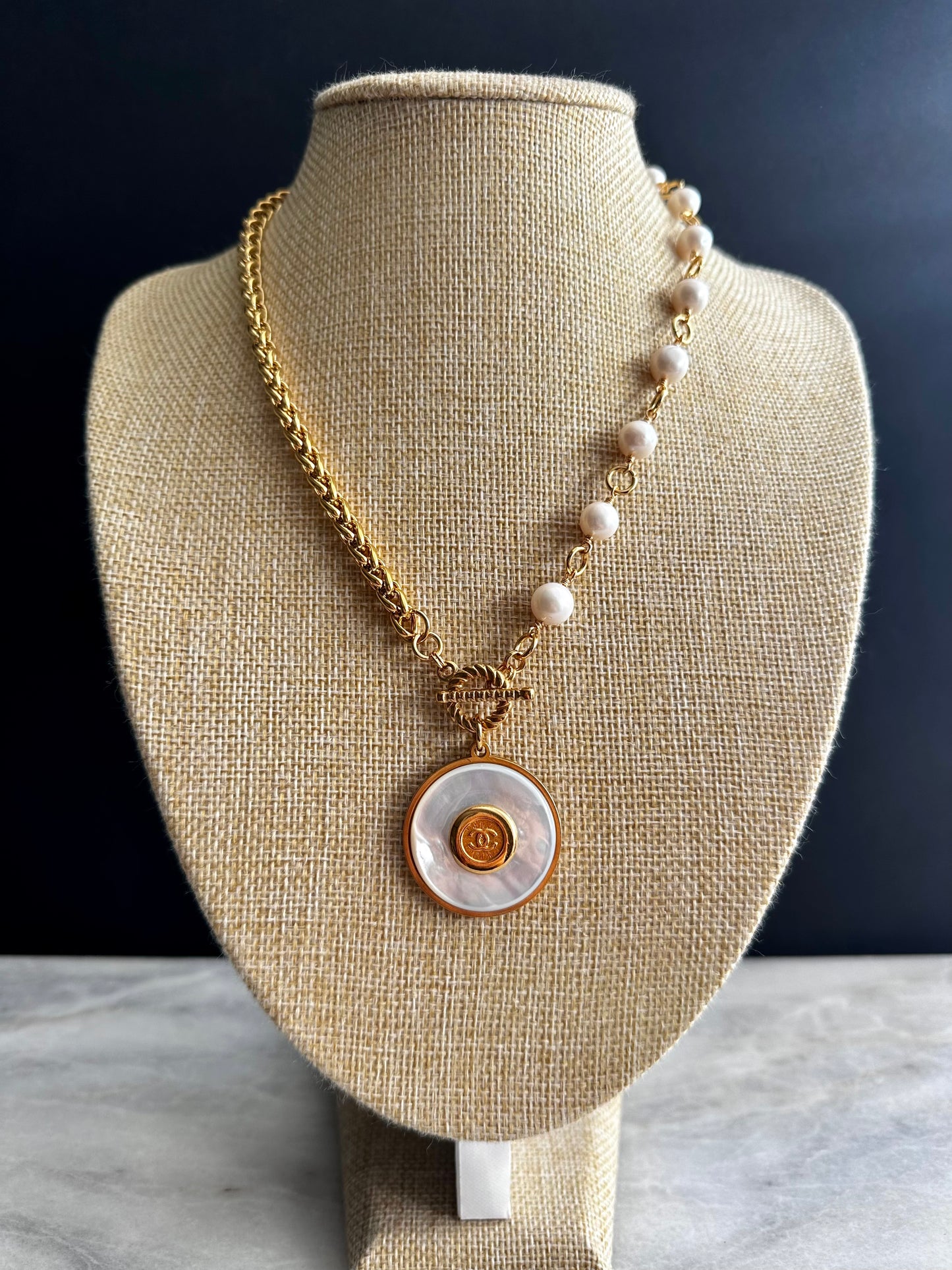 SUPER RARE Large MOTHER OF PEARL and Vintage Authentic reworked Gold button Necklace