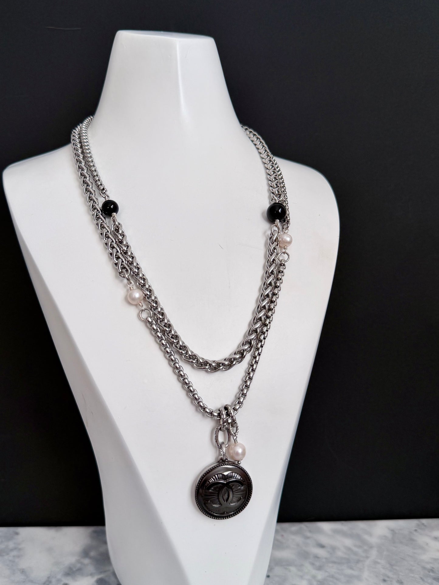 🖤 ONE OF A KIND - Authentic Reworked silver Button Double wrap Necklace