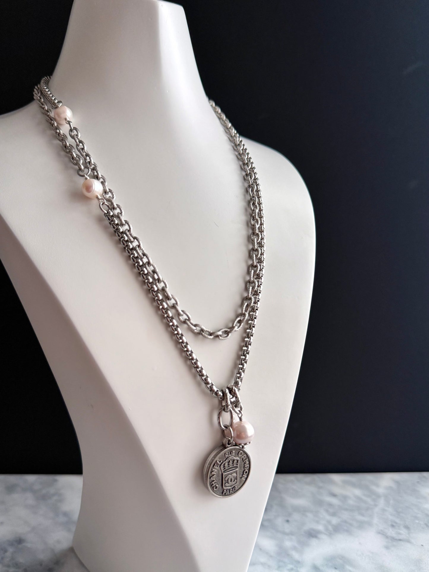 🤍 ONE OF A KIND - Authentic Reworked silver Button Double wrap Necklace