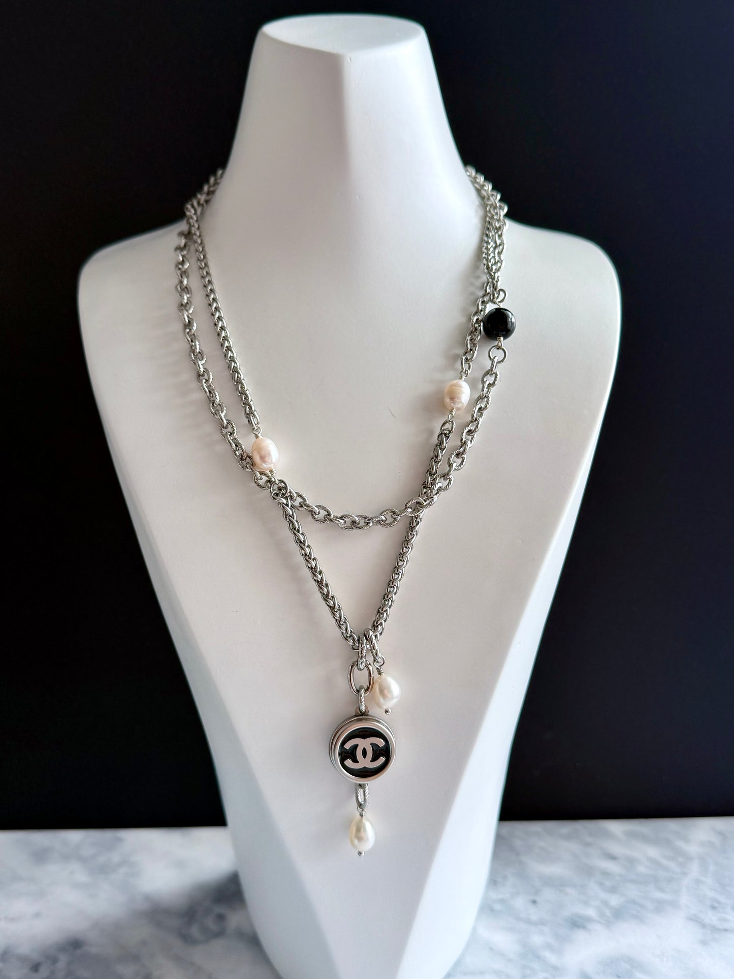 🖤 ONE OF A KIND - Authentic Reworked silver Button Double wrap Necklace