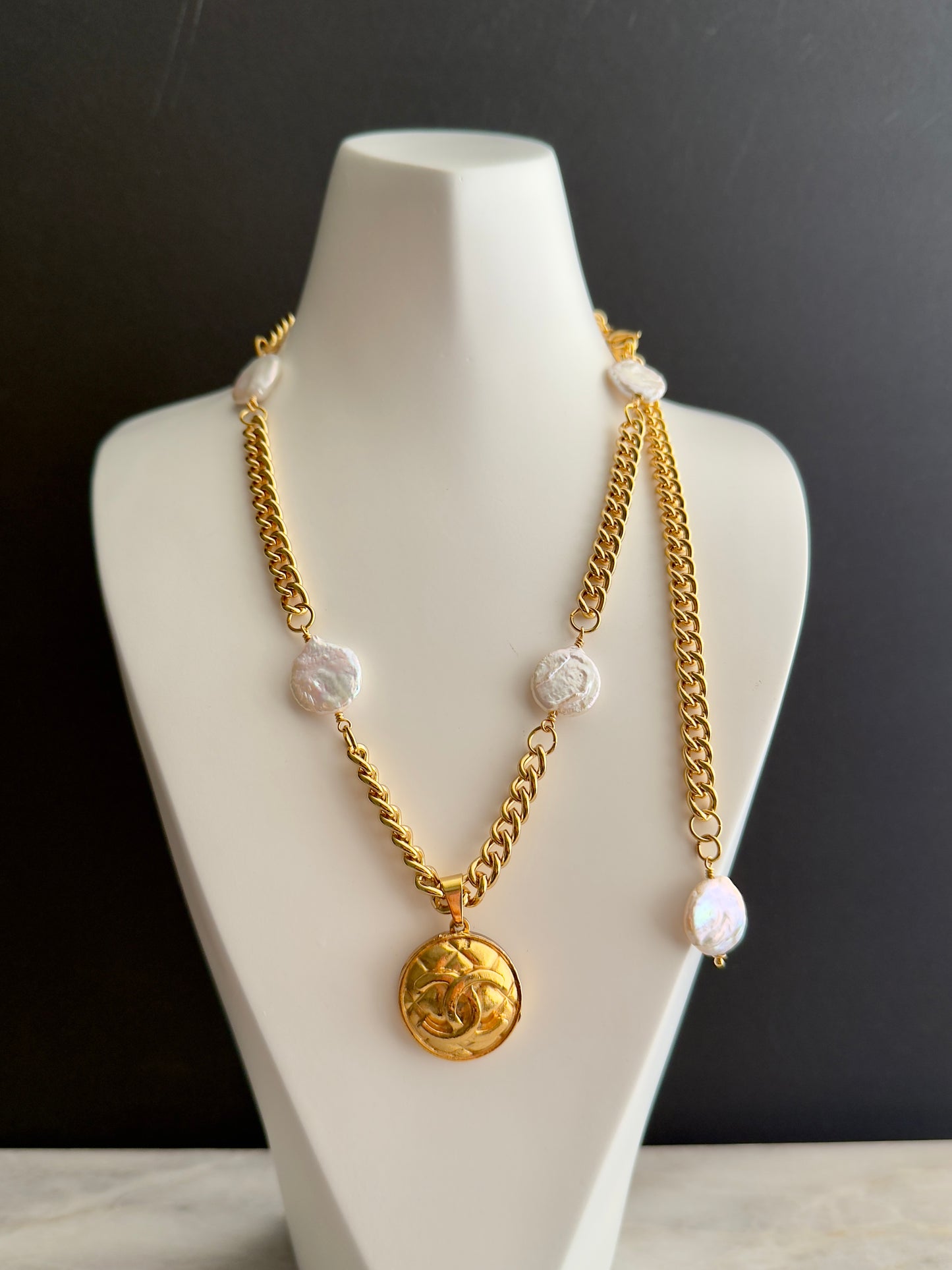 Extremely rare Vintage Authentic reworked Gold button Necklace with coin pearls