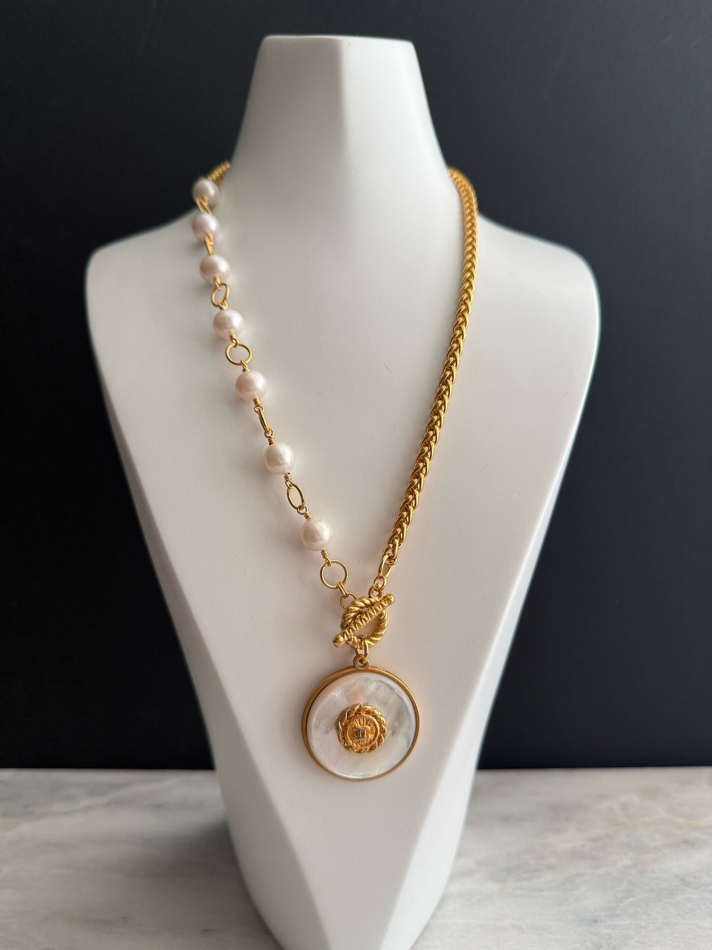 SUPER RARE Large MOTHER OF PEARL and Vintage Authentic reworked Gold button Necklace