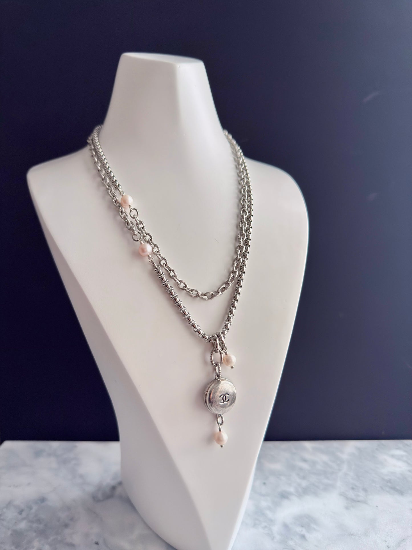 🤍 ONE OF A KIND - Authentic Reworked silver Button Double wrap Necklace