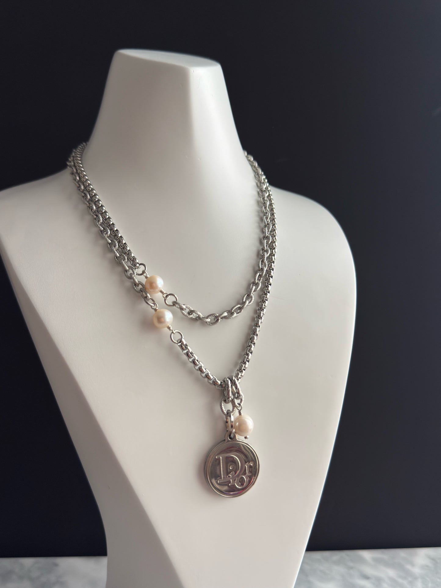 🤍 ONE OF A KIND - Authentic Reworked silver Dior pendant Double wrap Necklace