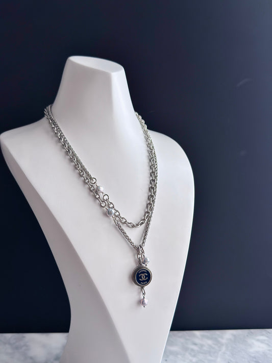 💙 ONE OF A KIND - Authentic Reworked silver Button Double wrap Necklace