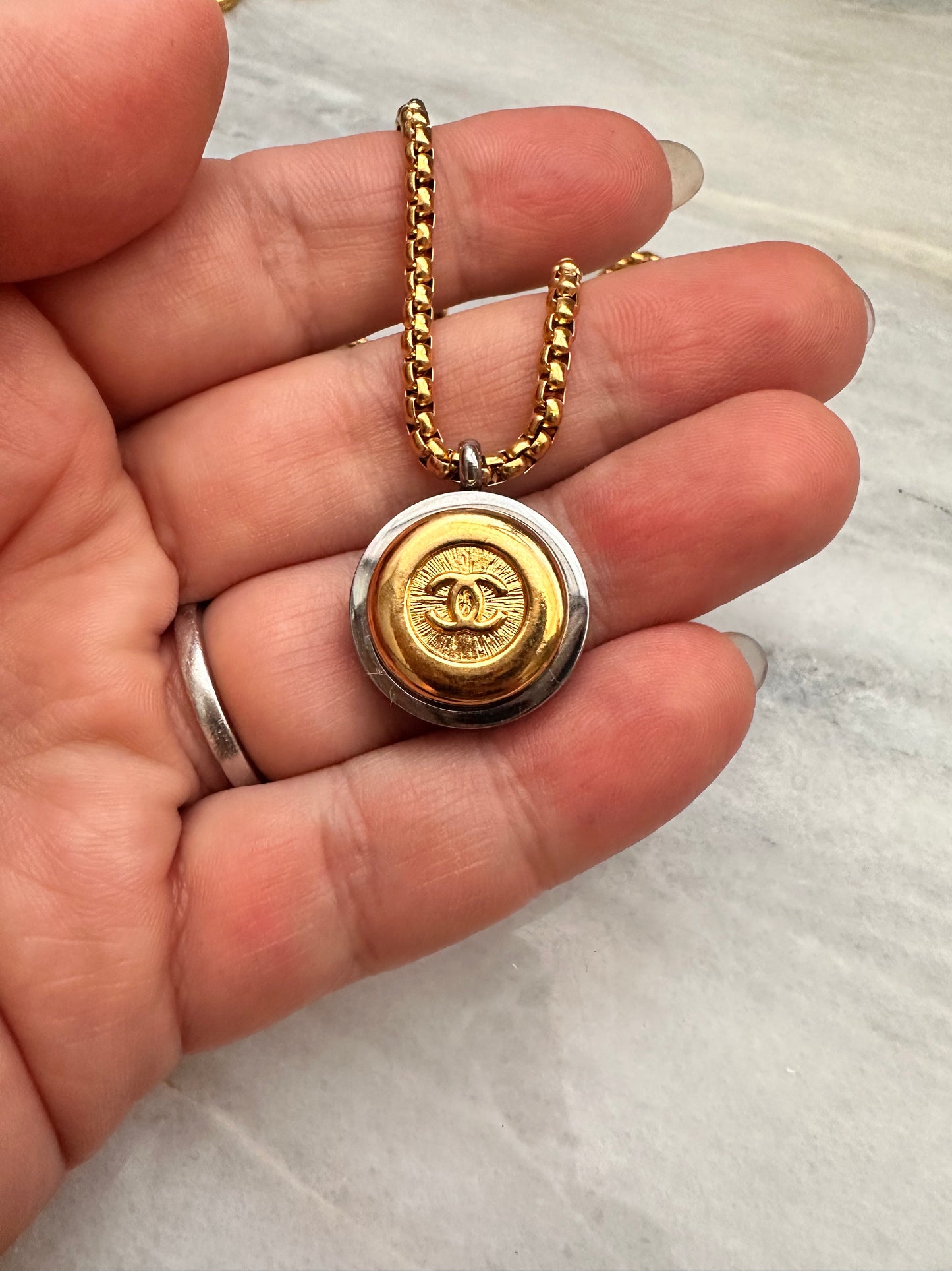 Vintage Authentic mixed silver+ gold reworked button Necklace - VERY rare!