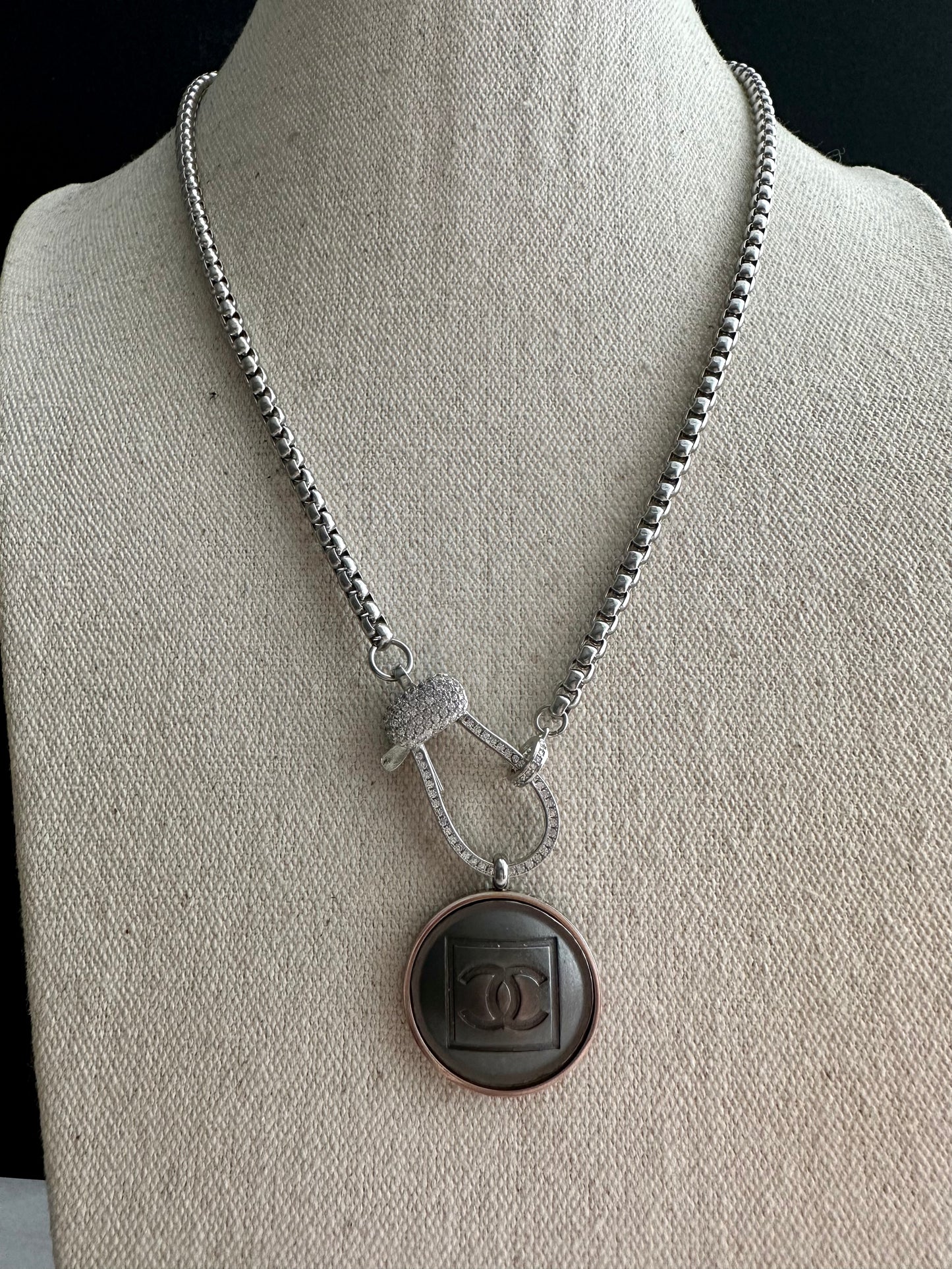 Edgy Gunmetal Vintage Reworked Authentic silver button necklace