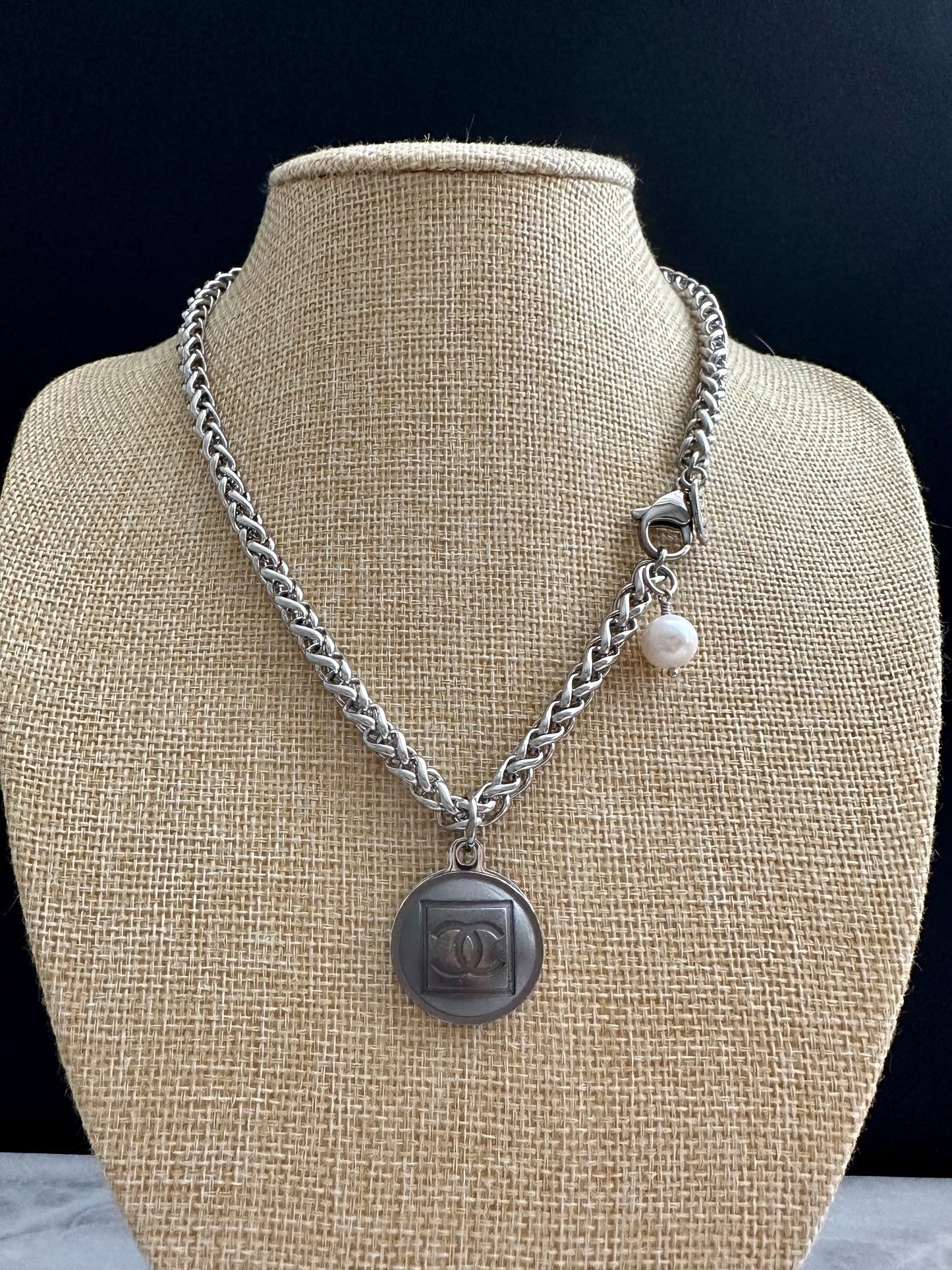 Edgy Gunmetal Vintage Reworked Authentic silver button necklace