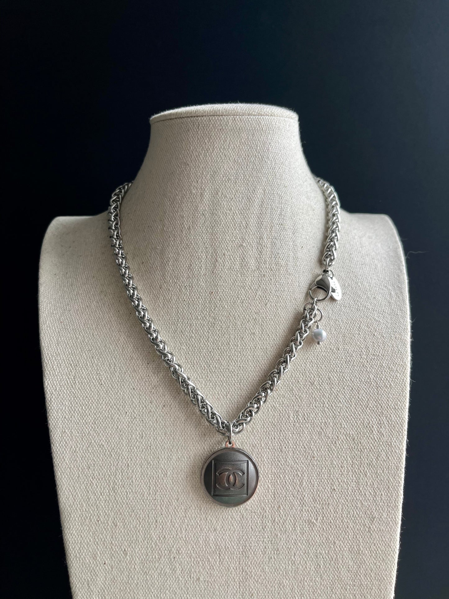 Edgy Gunmetal Vintage Reworked Authentic silver button necklace