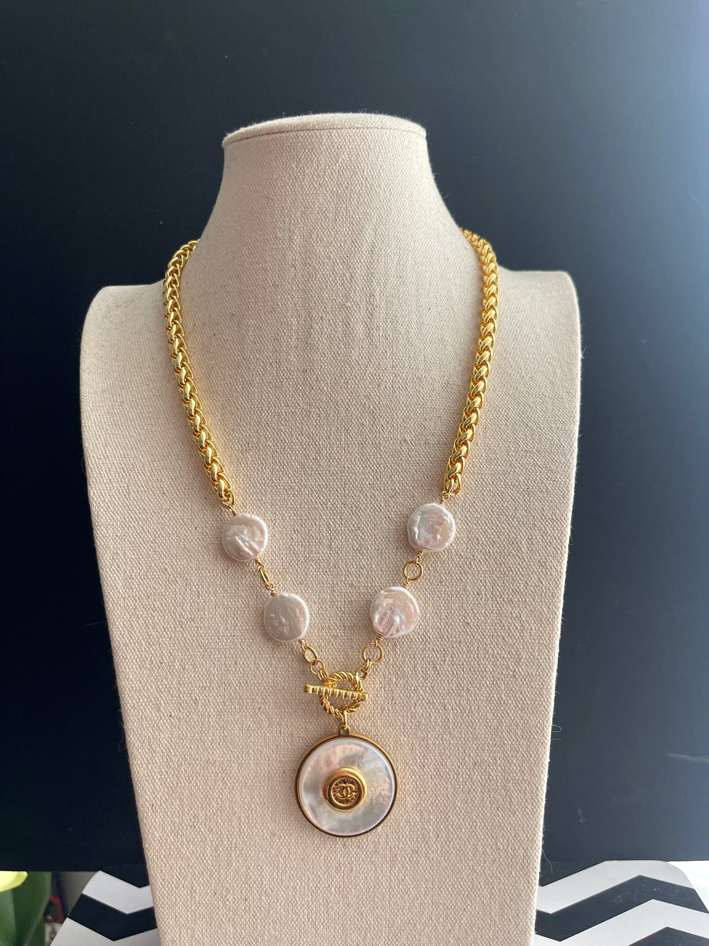 One of a kind coin pearls and Authentic Reworked button necklace