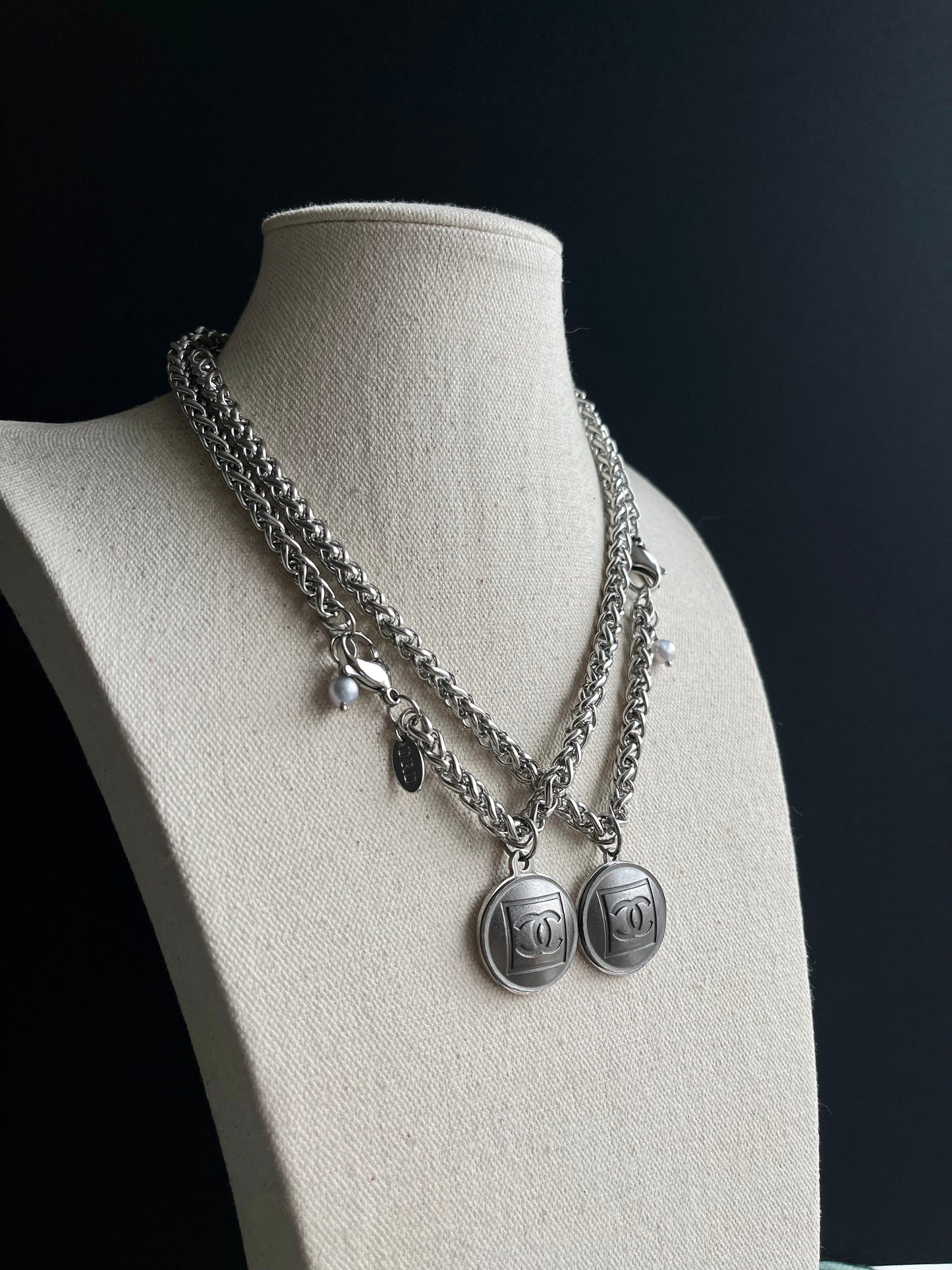 Edgy Gunmetal Vintage Reworked Authentic silver button necklace