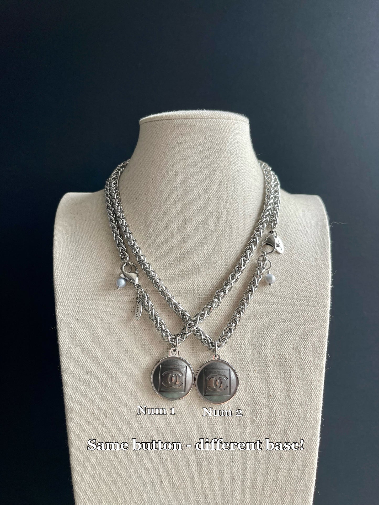 Edgy Gunmetal Vintage Reworked Authentic silver button necklace