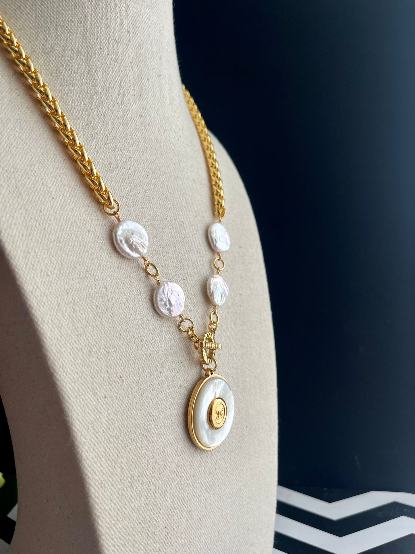 One of a kind coin pearls and Authentic Reworked button necklace