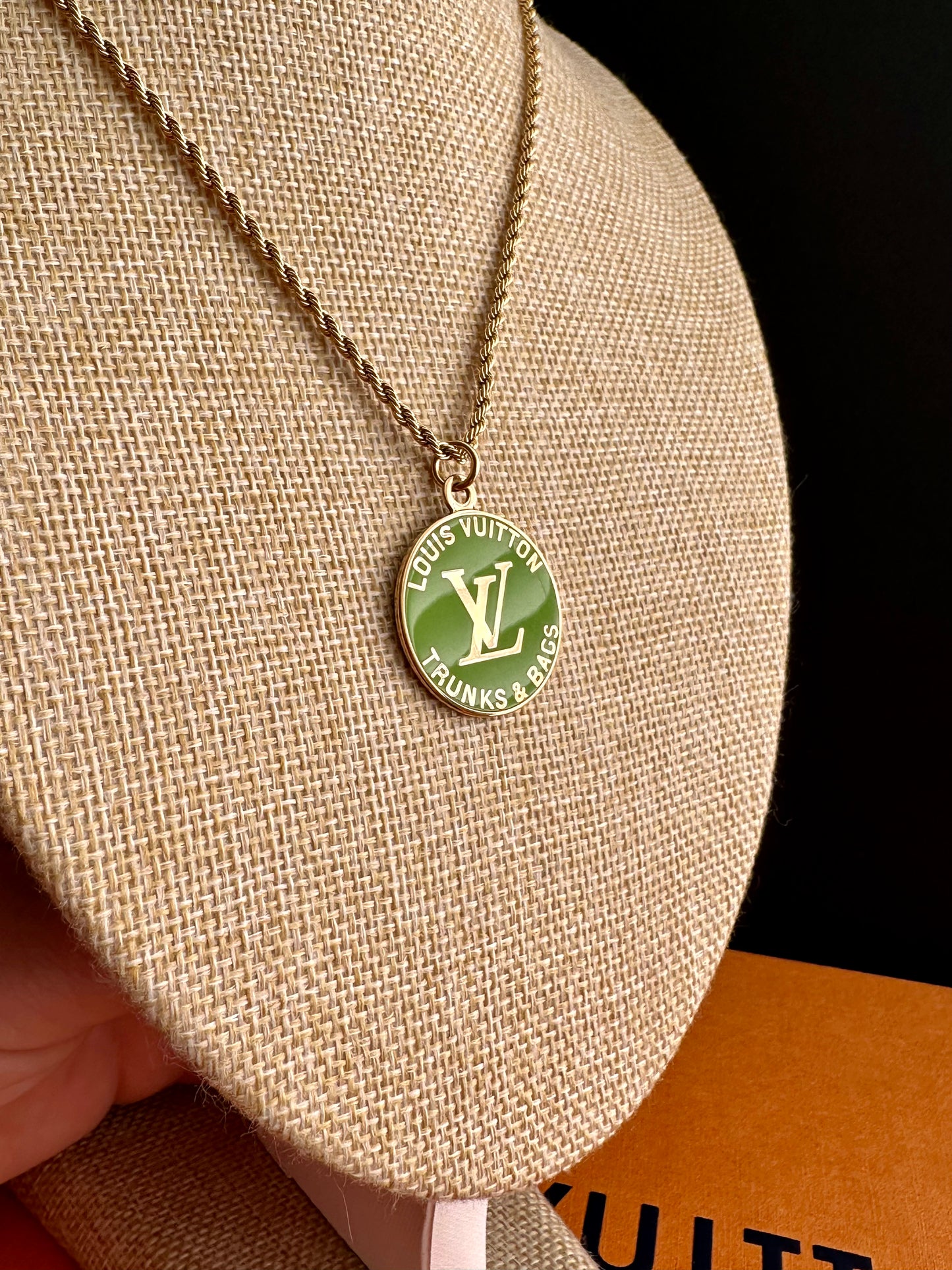 💚 Bright green Louis Vuitton TRUNK Authentic gold reworked Louis Vuitton Necklace - VERY rare!