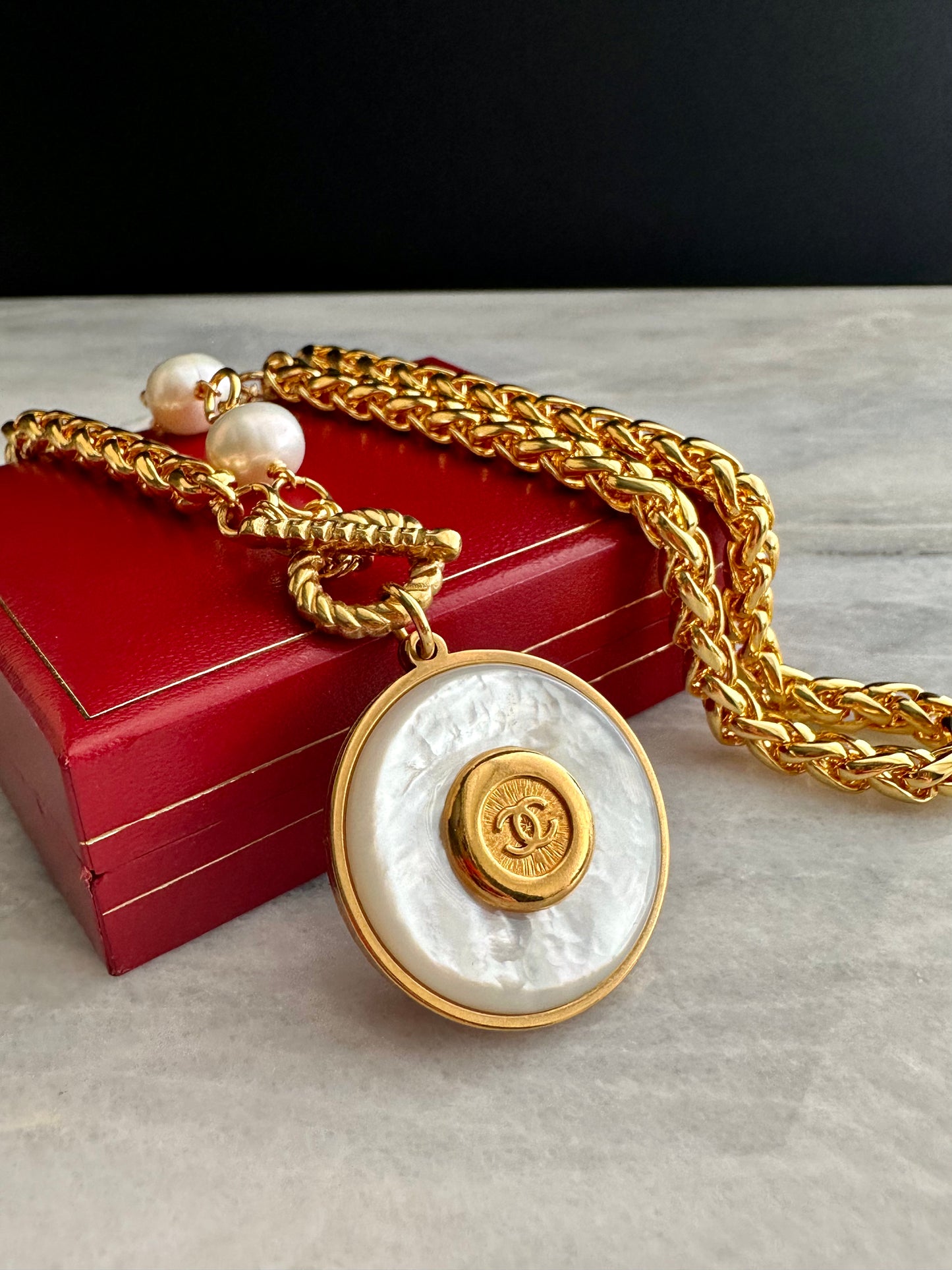 SUPER RARE Large MOTHER OF PEARL and Vintage Authentic reworked Gold button Necklace