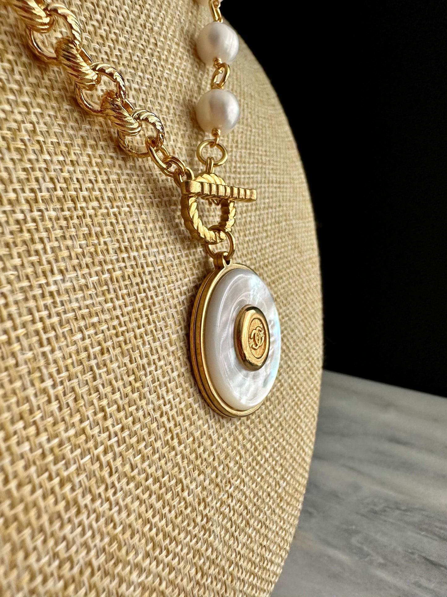 SUPER RARE Large MOTHER OF PEARL and Vintage Authentic reworked Gold button Necklace