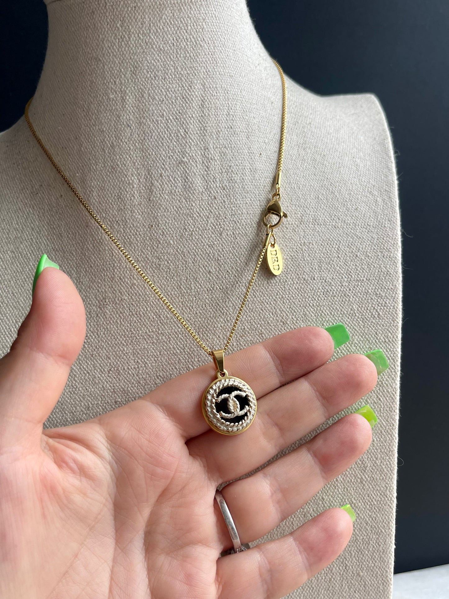 Small Reworked Authentic gold and white enamel button necklace