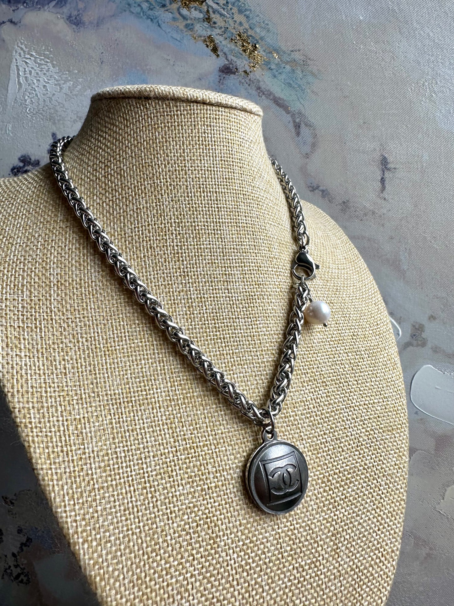 Edgy Gunmetal Vintage Reworked Authentic silver button necklace